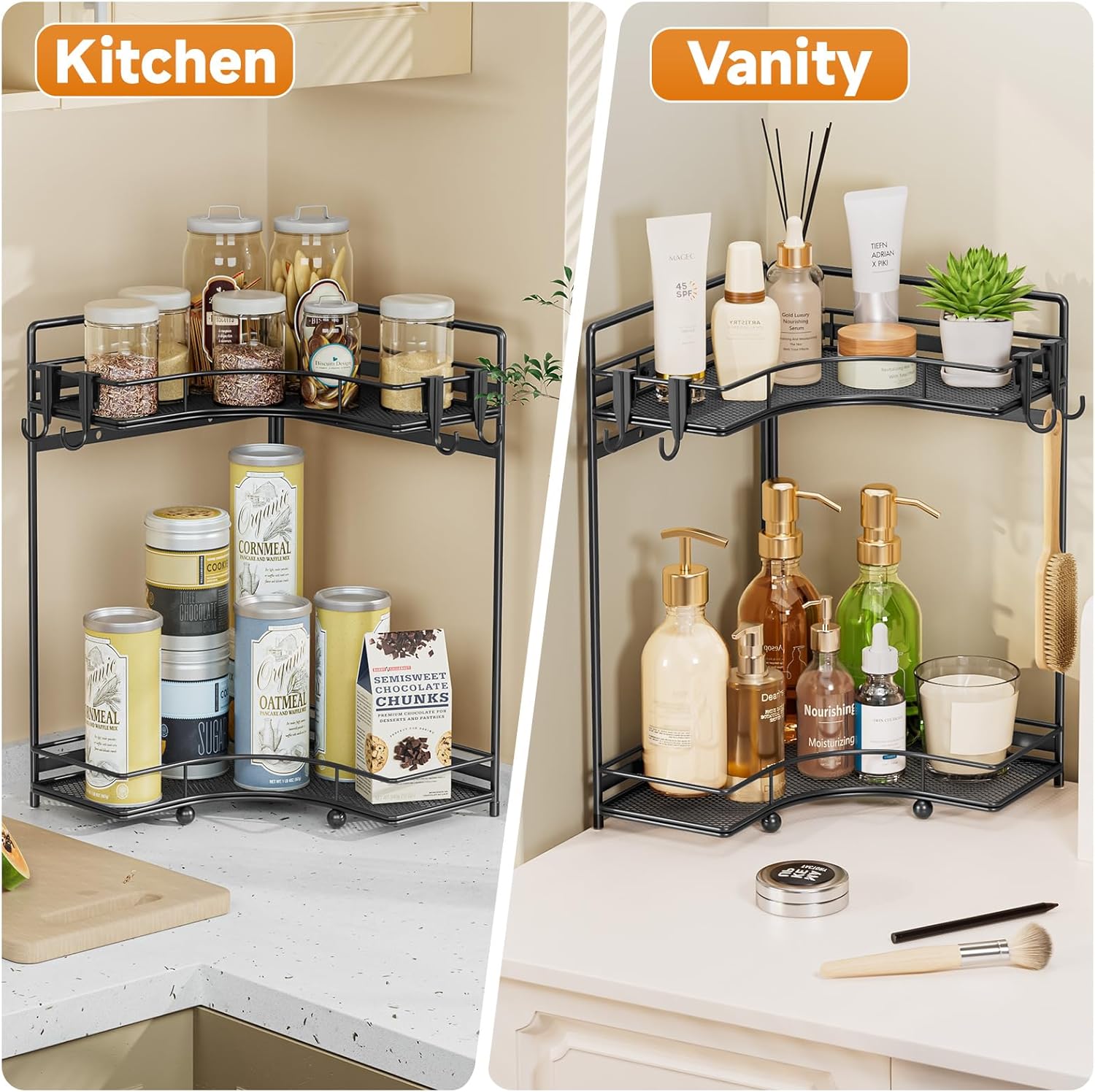 VITVITI 2-Tier Corner Bathroom Counter Organizer, Bathroom Countertop Organizer Storage for Sink, Metal Mesh Makeup Organizer for Vanity Countertop Kitchen with Hooks, Black