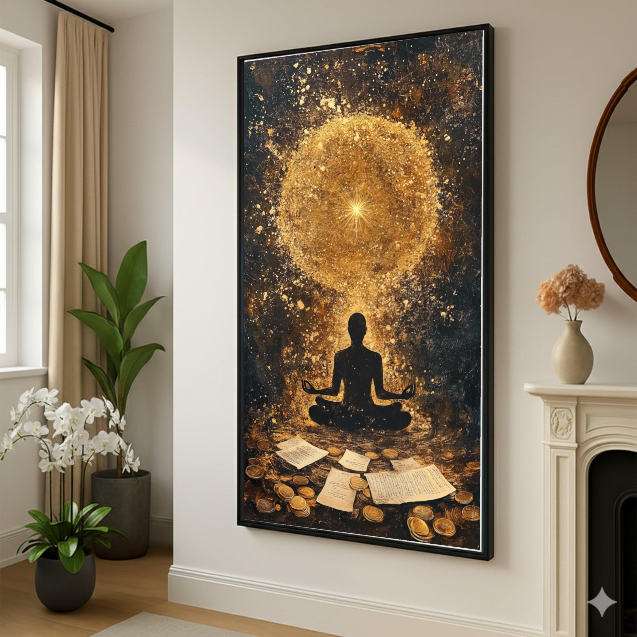 Silueta de meditación con aura dorada, lienzo espiritual para pared, pintura abstracta de meditación, decoración del hogar, mindfulness (80 x 150 cm/marco interior)
