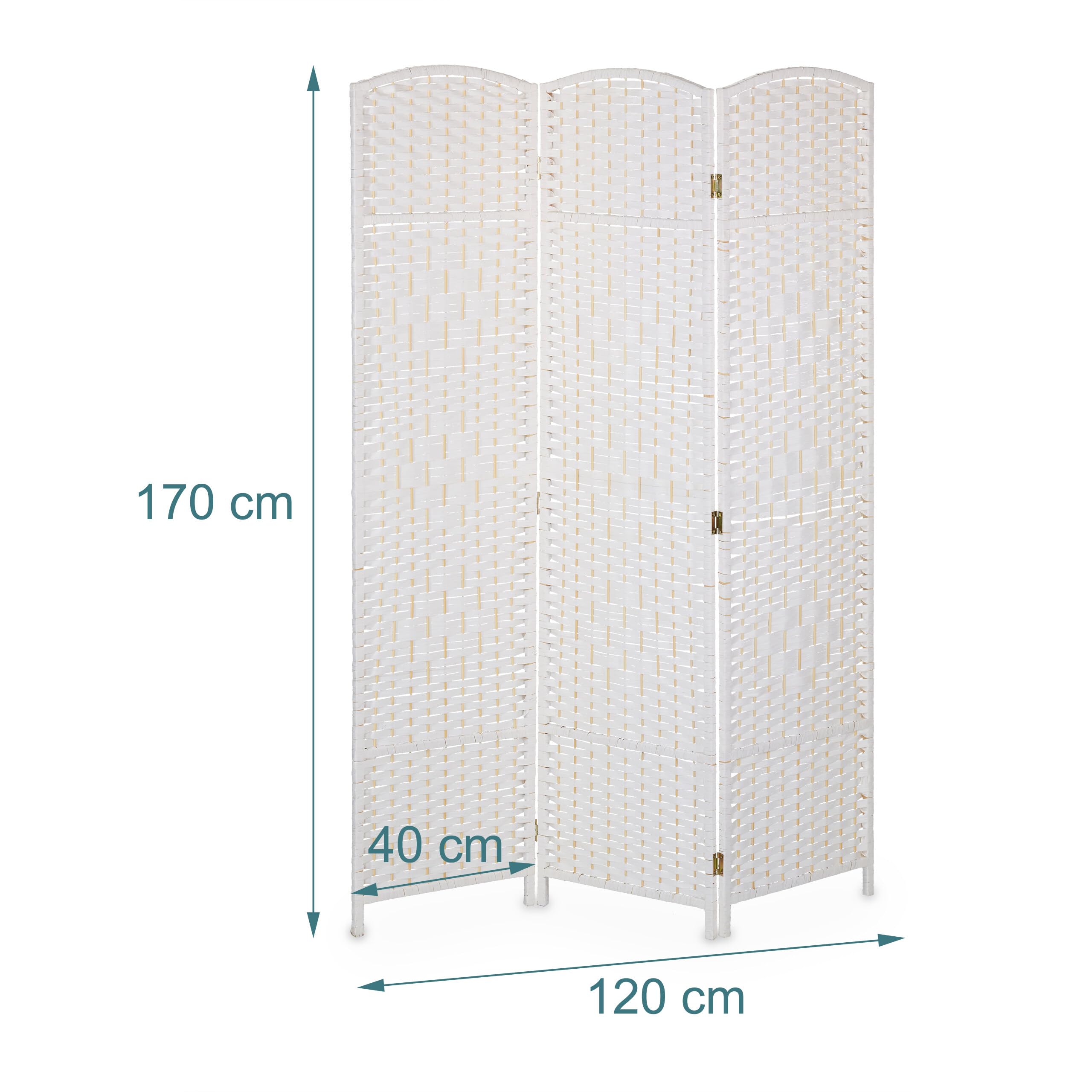 Relaxdays Paravent, Bois et Corde de Papier, Brise-Vue Pliable, 3 Volets, H x L : 170 x 120 cm, pour intérieur, Blanc