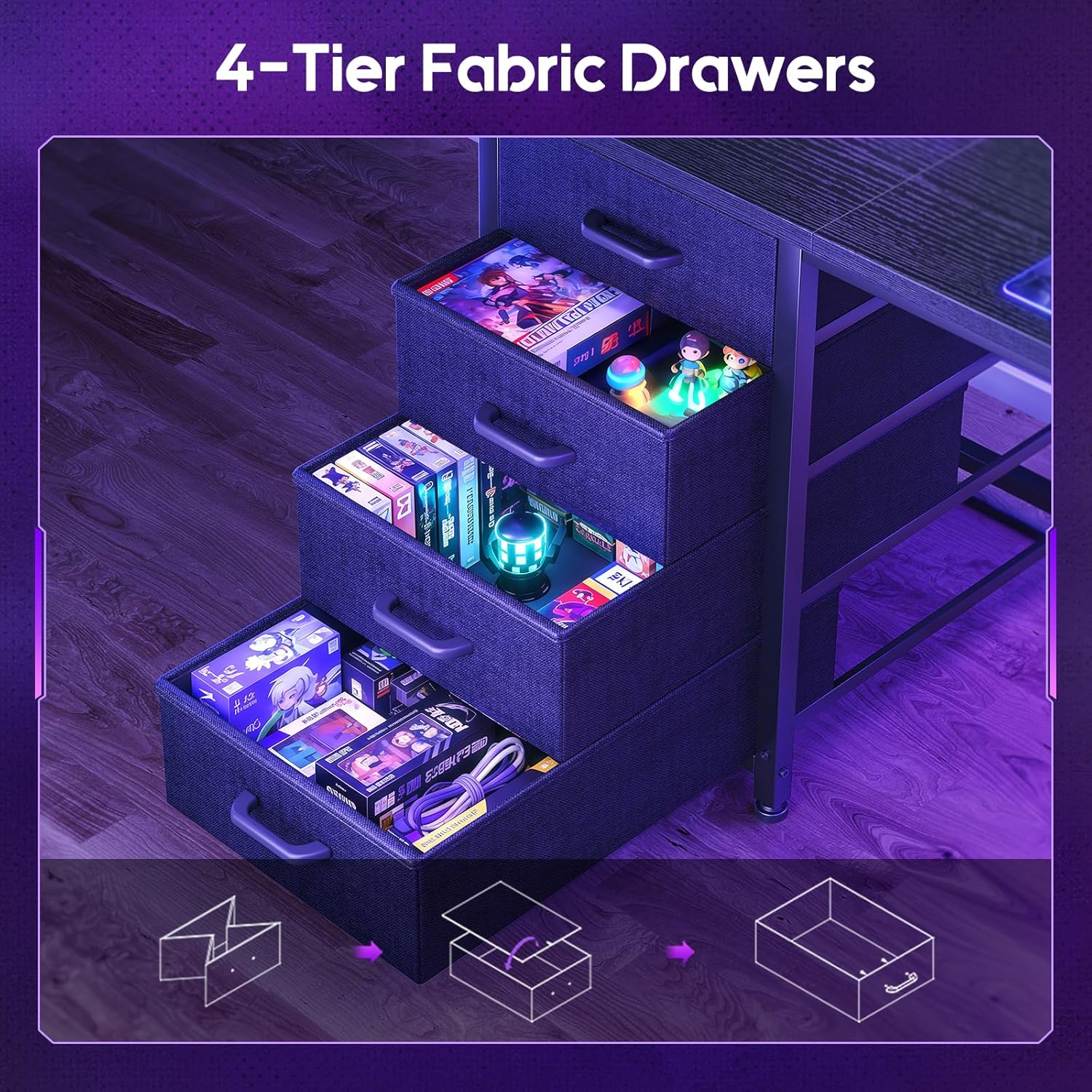 AODK 63" L Shaped Gaming Desk with Hutch, Pegboard & Shelves, L Shaped Desk with 4 Drawers, Integrated LED Light Strip & Power Outlets, Reversible PC Gaming Computer Desk, Black