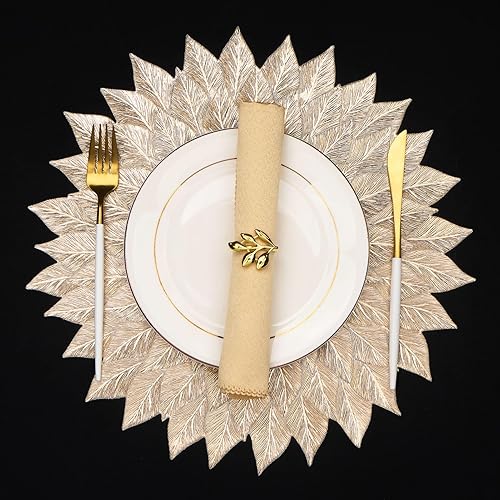 Miniatura 8 de Juego de 6 manteles individuales de oro Evevda, manteles individuales redondos con recortes para mesa, manteles de vinilo prensado metálicos, Tejido