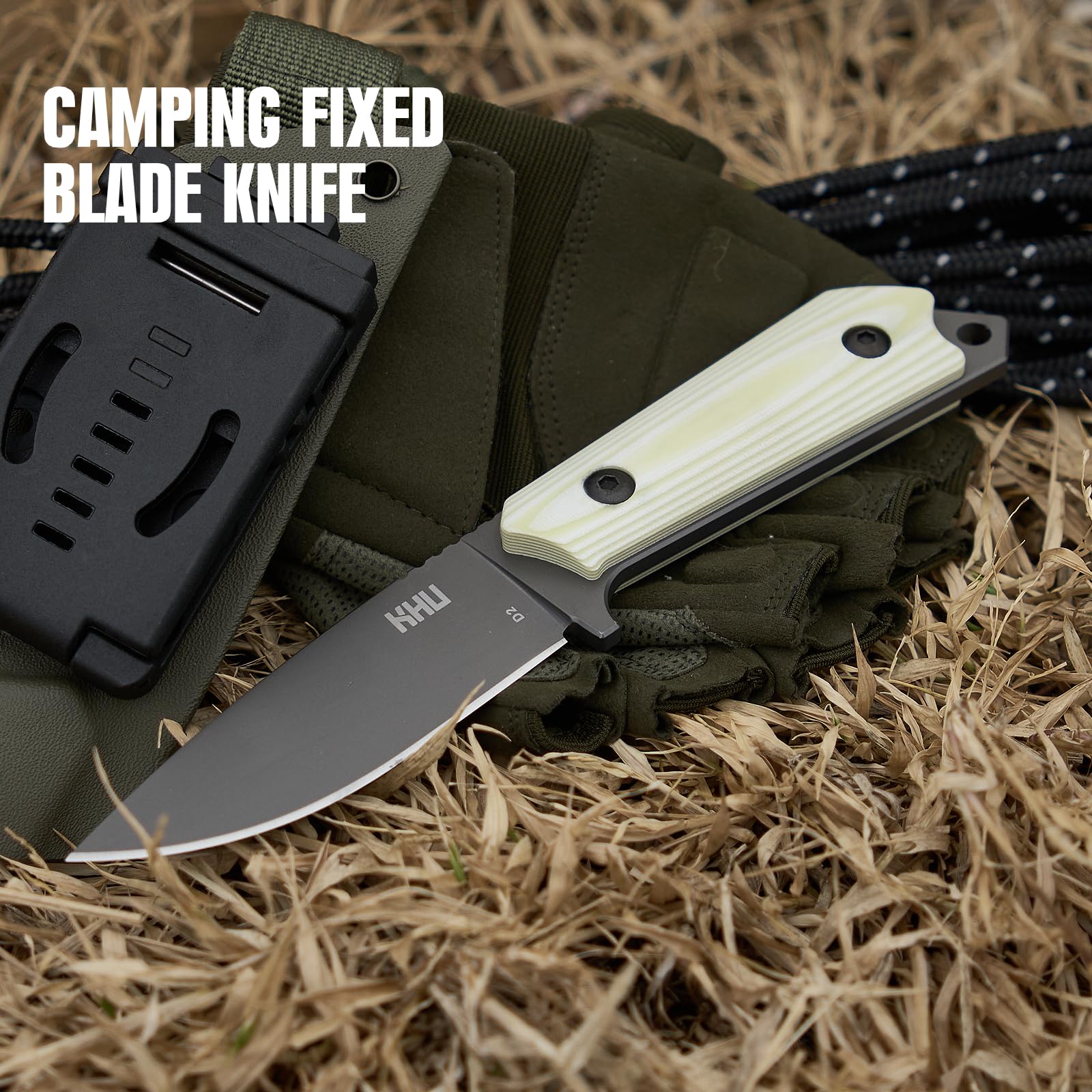 KHU Cuchillo Hoja Fija, Cuchillo Supervivencia Cuchillo Caza Cuchillo Bushcraft D2 Acero Mango de G10, Outdoor Caza Camping Accesorios - Funda Kydex - 29A