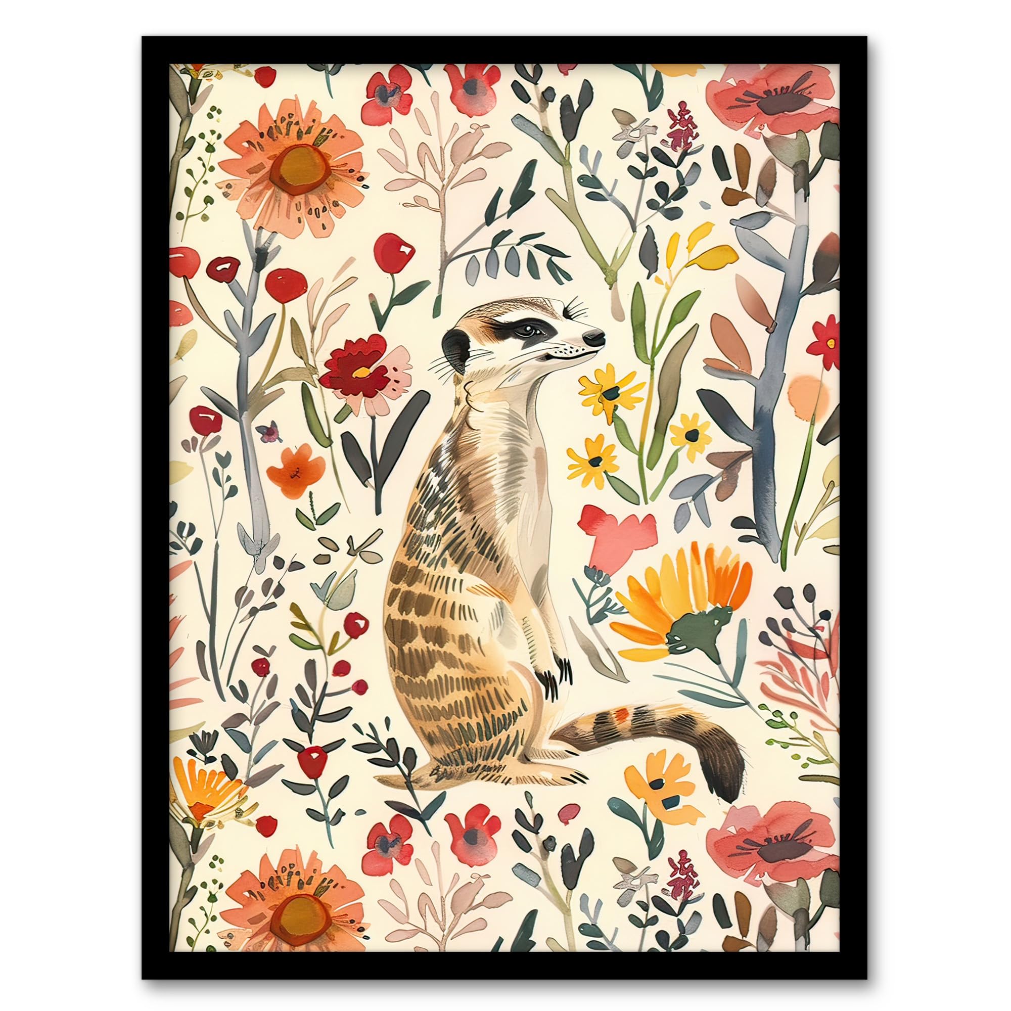 Artery8 Meerkat in Wild Flower Meadow Watercolour Spring Living Room Artwork Framed Wall Art Print A4
