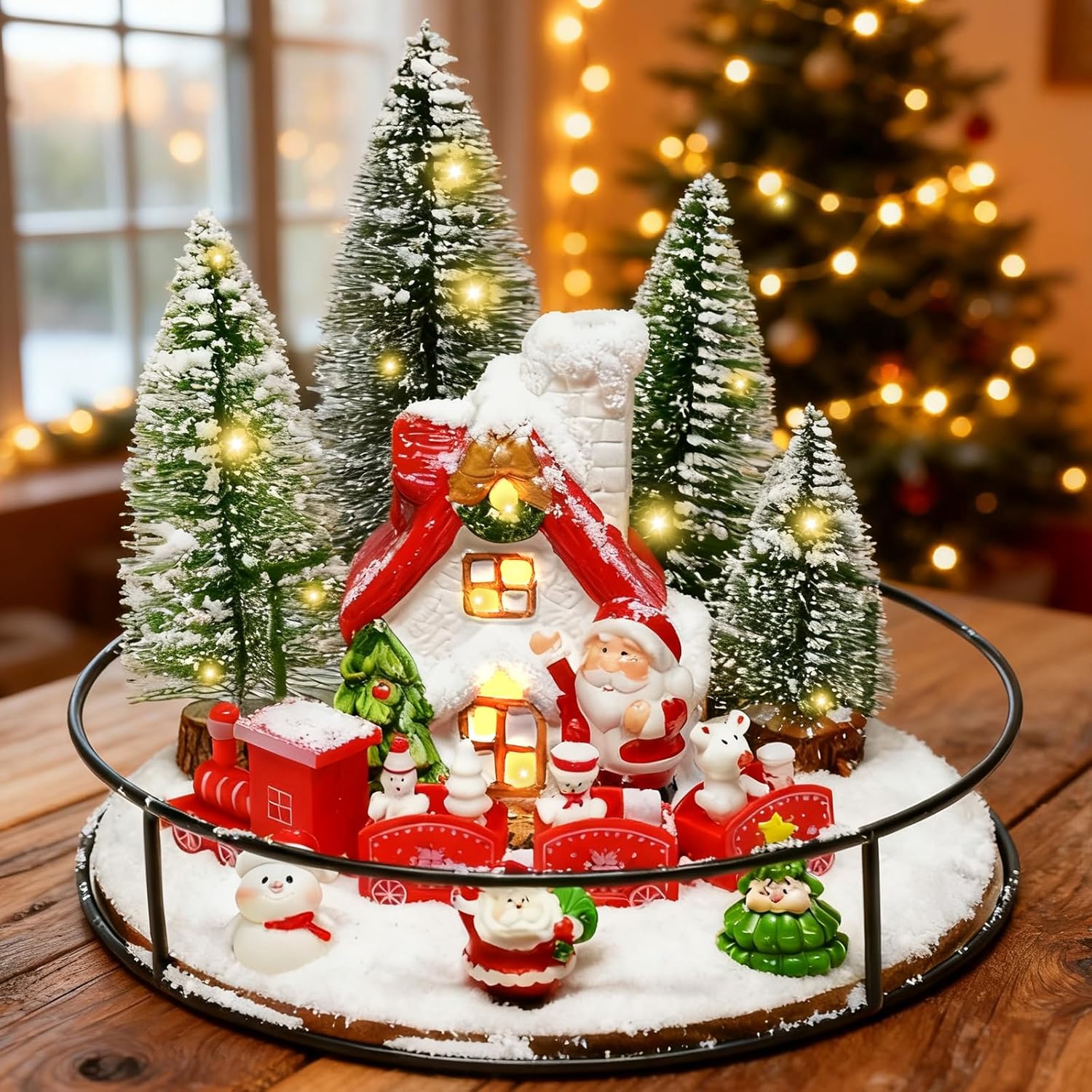 12 Pcs Christmas Village Set, Oak Wooden Lazy Susan for Christmas Table Centerpieces, Xmas House Decorations Set with Winter Ornaments, Santa, Trees, Snowman Holiday Centerpieces