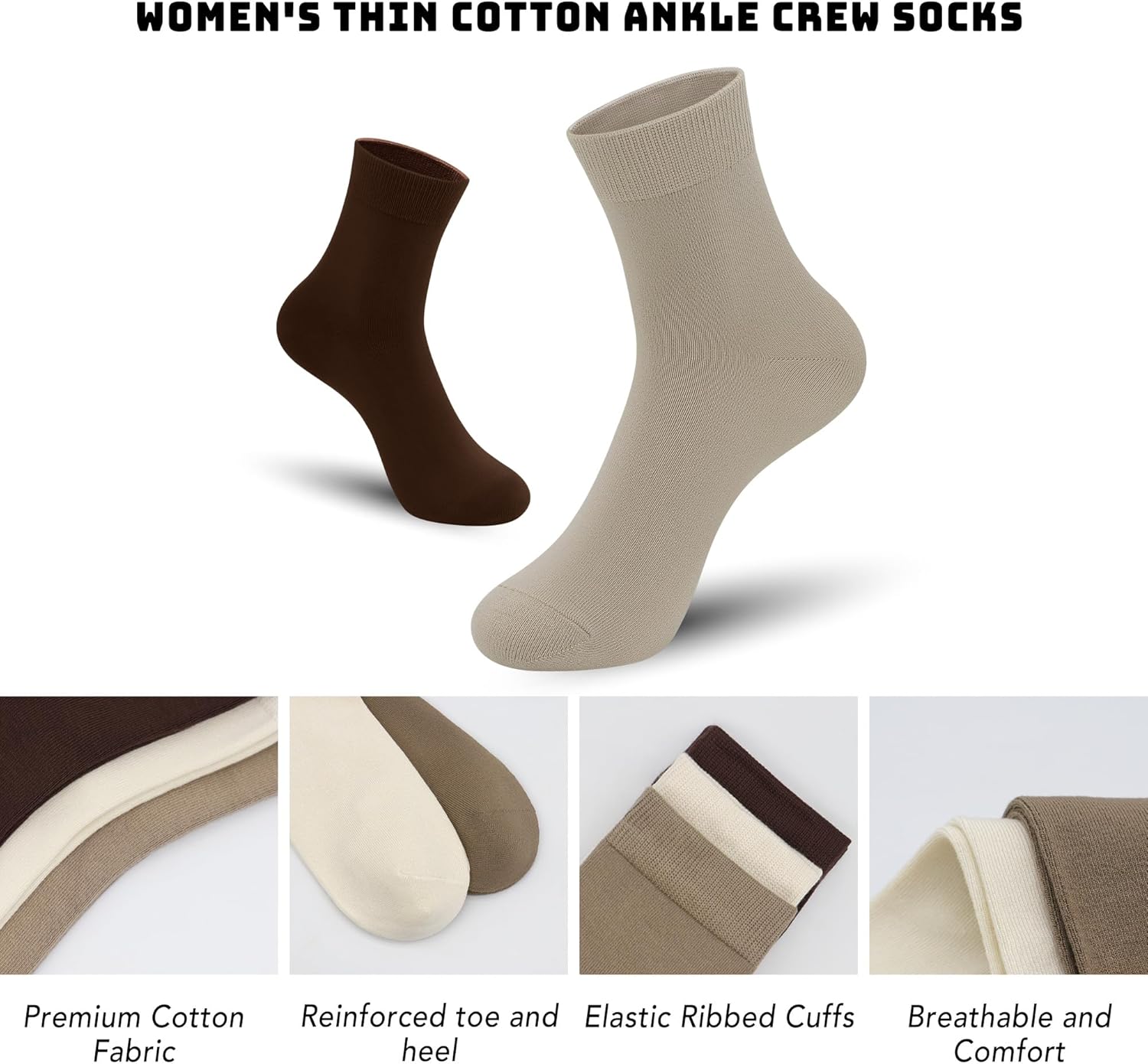 Women Thin Cotton Socks Comfort Breathable Soft Socks Above Ankle Crew Socks 5 Pairs - Image 3