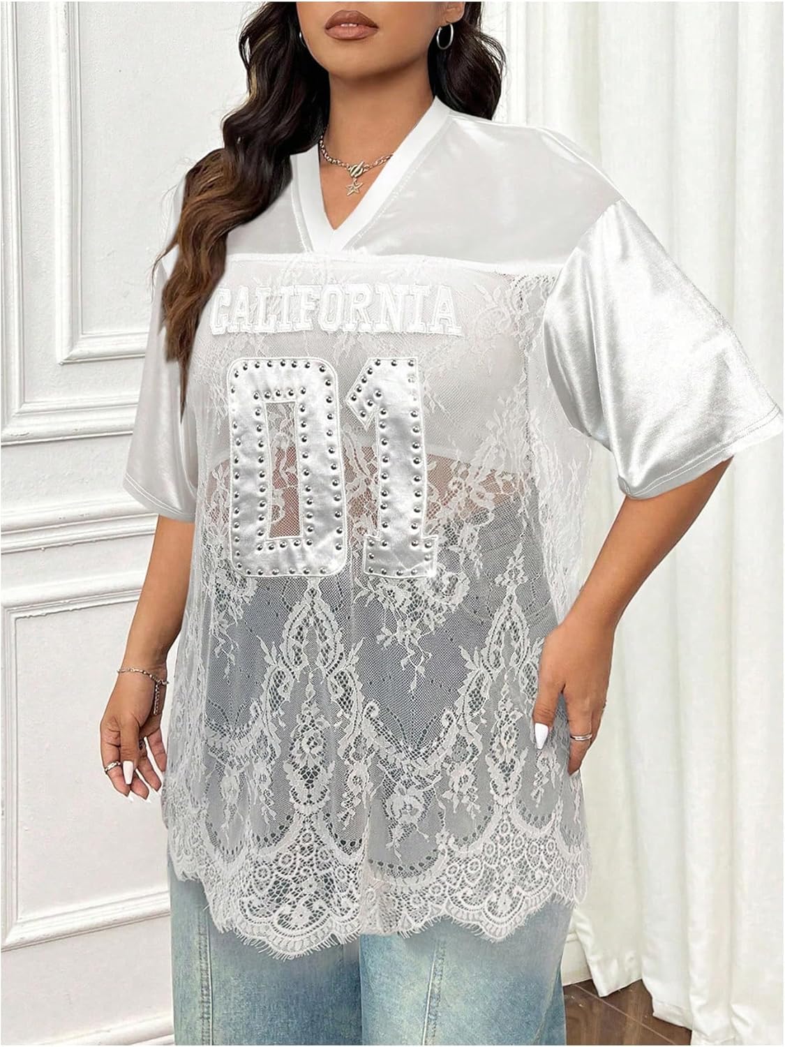 Milumia Women's Plus Size Letter Print Lace Sheer Mesh Jersey Shirt Half Sleeve V Neck Oversized Tee Top - Image 5