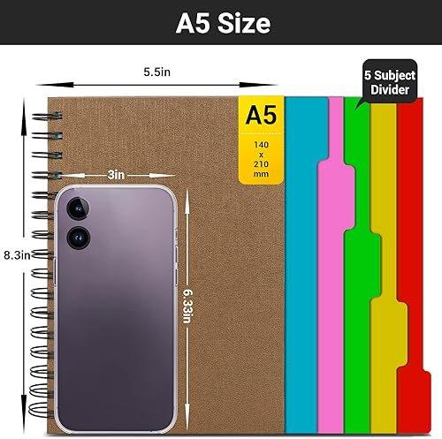 Miniatura 2 de EUSOAR Cuaderno de 5 materias de tapa dura, 3 piezas A5 de 5.5 x 8.3 pulgadas, bloc de escritura en espiral con rayas universitarias, grueso de 100