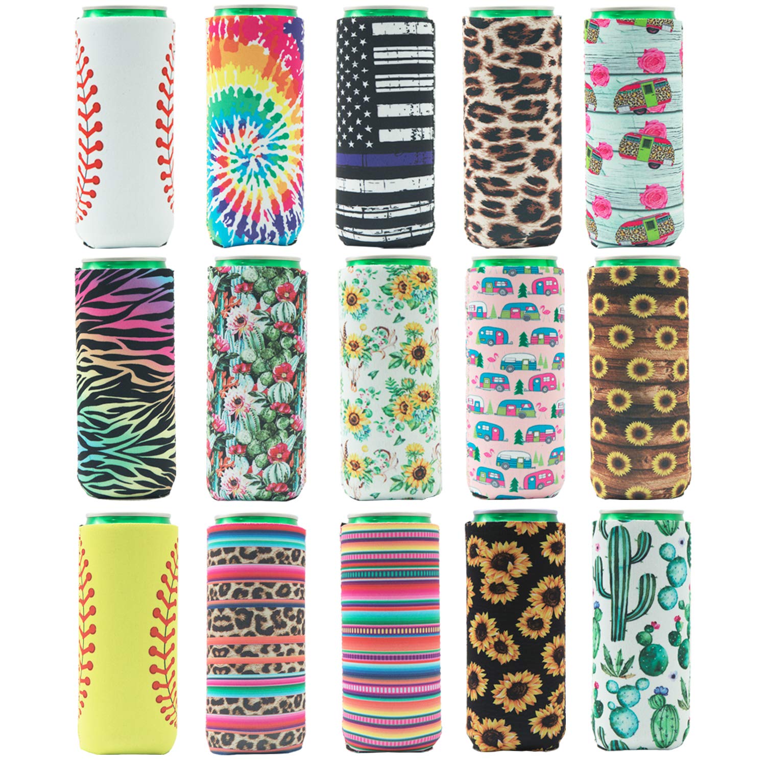 HaiMay 15 Pieces Slim Beer Can Sleeves Beer Can Cooler Covers Fit for 12oz Slim Energy Drink Beer Cans, Classic Styles