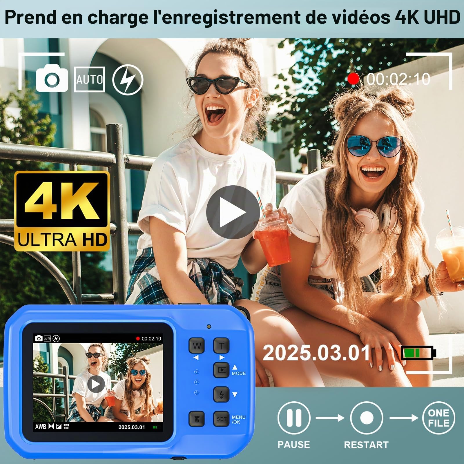Appareil Photo Etanche Caméra sous-Marine 2,7k Caméra imperméable Full HD 64 MP 16ft pour plongée en apnée, écran de 2,7 Pouces 16x Zoom numérique et Carte de 32 Go