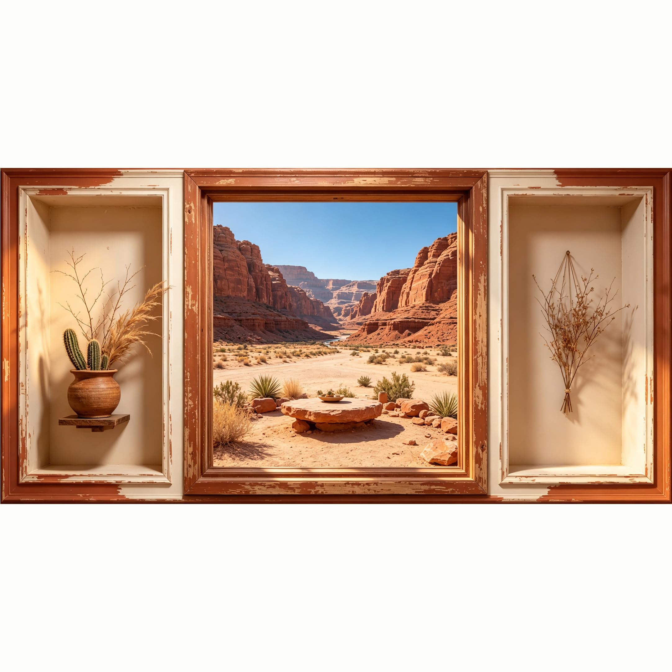 50x100cm 3D Framed Wall Art， Southwestern Desert Canyon Landscape Minimalist 3D Trompe l'oeil Self‑Adhesive Mural， Water‑Activated Peel & Stick Fabric Decor Wall Decal for Bedroom Living Room