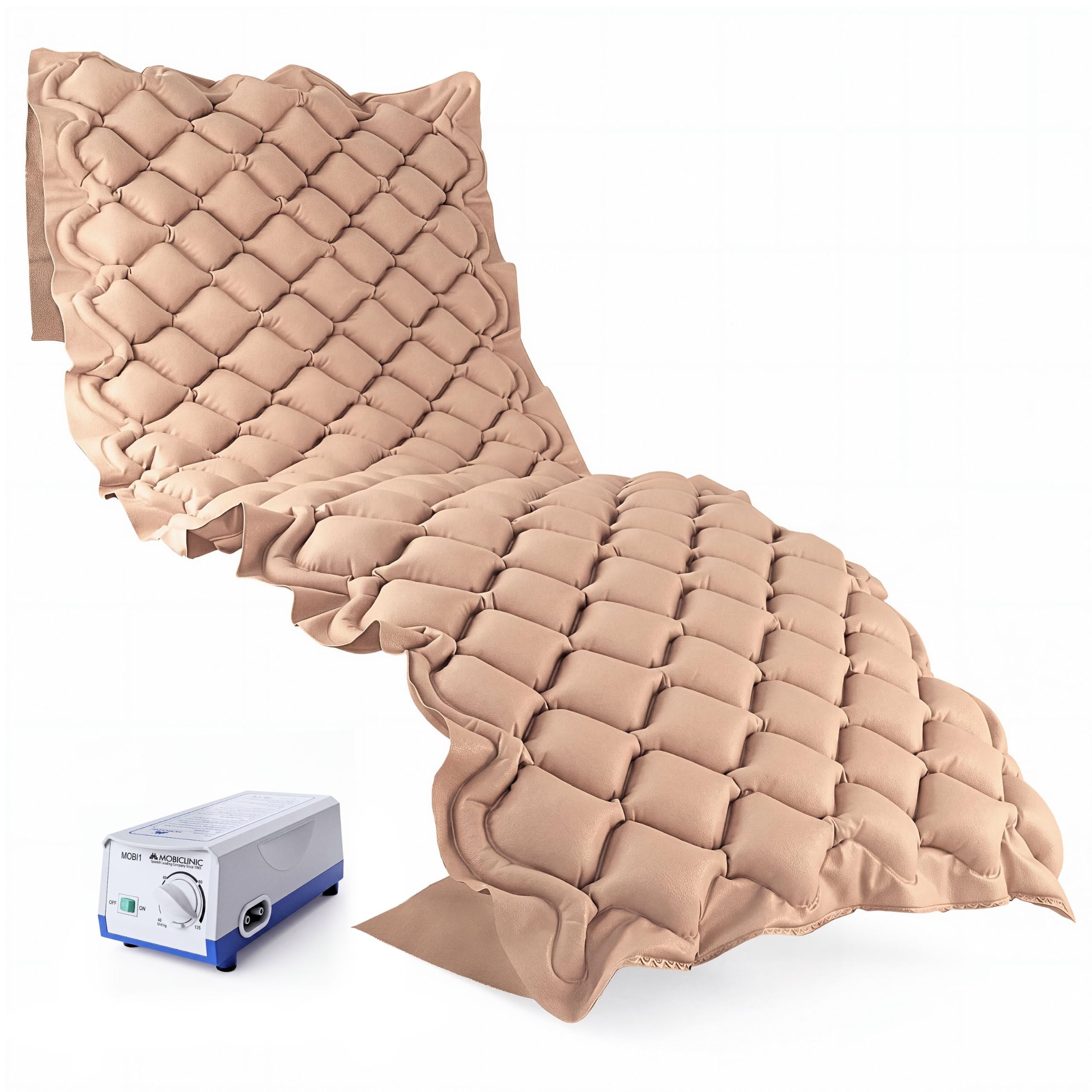 Mobiclinic®, Materasso Antidecubito ad Aria Alternata | Compressore Silenzioso (33-34 dB), 200 x 90 cm, Fino a 135 kg, Grado I, 130 Celle, PVC Medico Ignifugo, Beige, Mobi 1