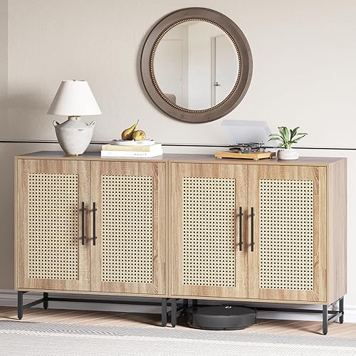 Storage Cabinet with Handmade Natural Rattan Doors, Rattan Buffet Cabinet Sideboard, Accent Cabinets for Living Room, Hallway, Dining Room, Entryway, 2 Pack