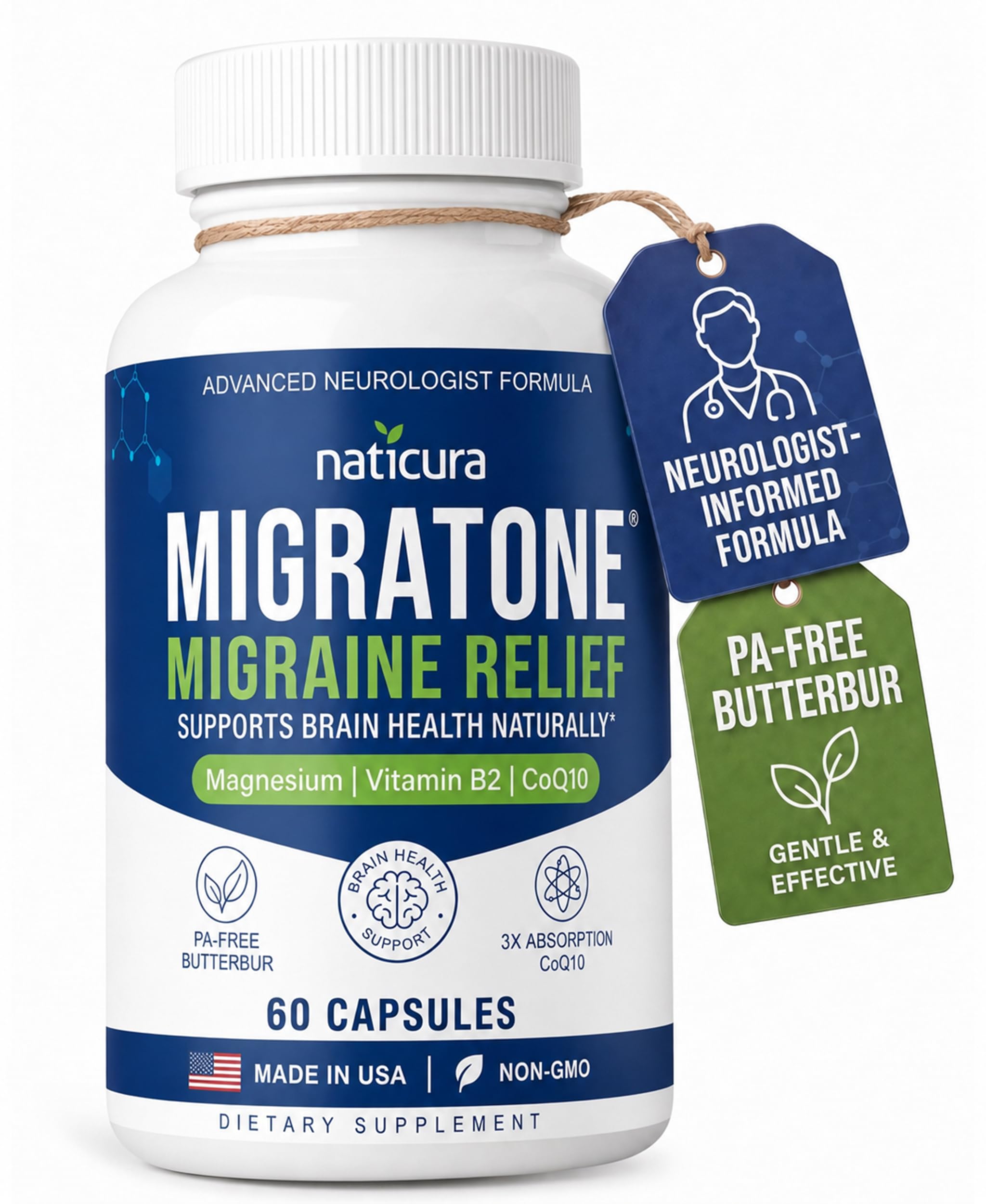 Naticura Migratone Migraine Relief with Magnesium Vitamin B2 Coq10 60 Caps