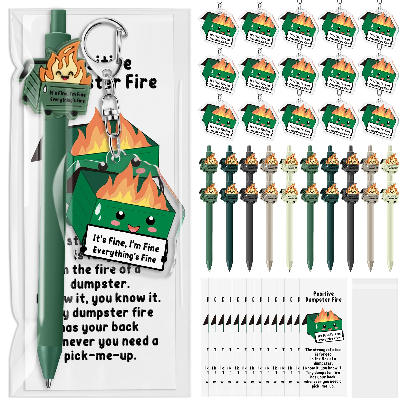 Sayglossy 30 Sets Dumpster Fire Gifts for Coworker Valentine's Day Positive Funny Pens Dumpster Fire Desk Accessories Acrylic Keychains Bookmarks