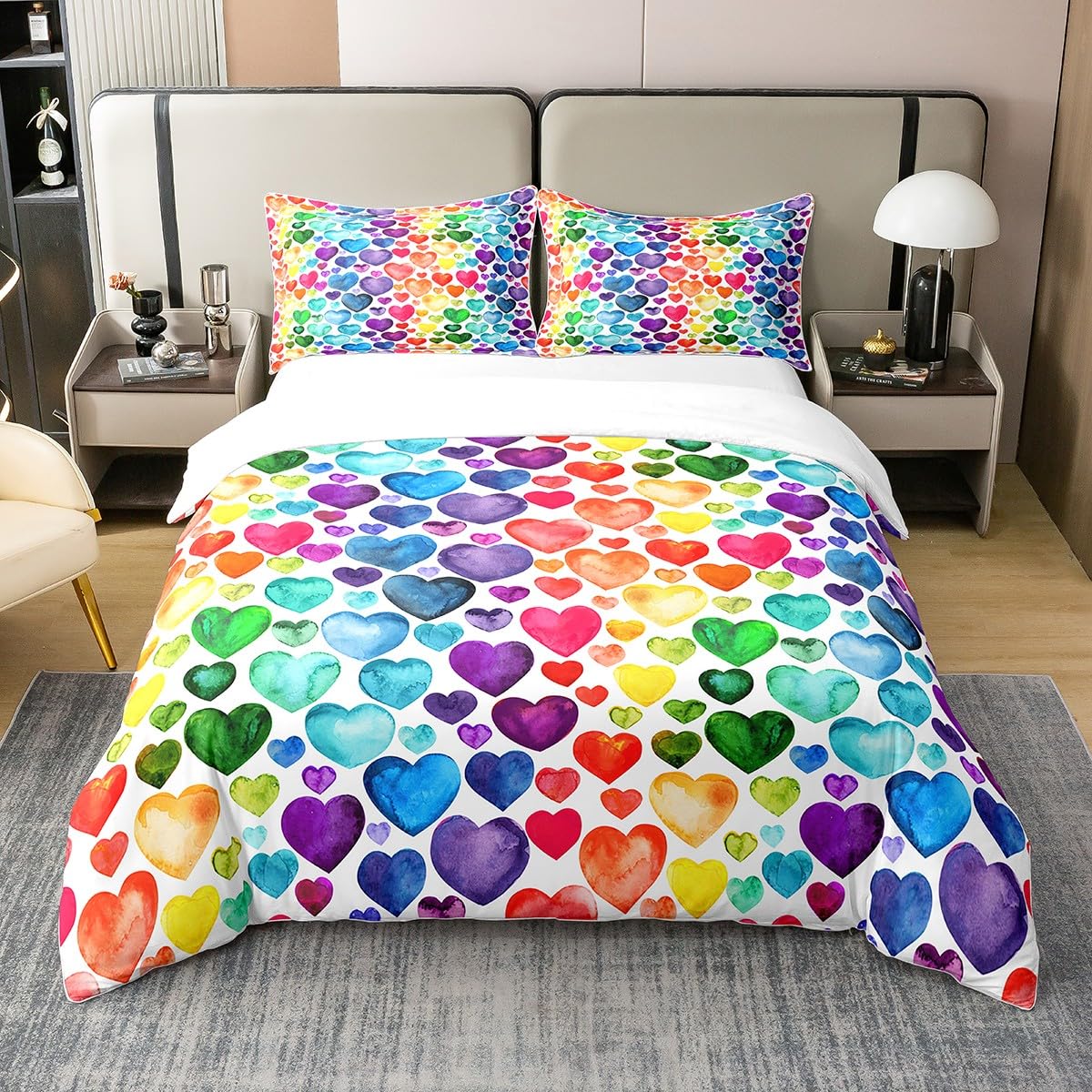 Loussiesd Liebesherz Betten Set Pärchen Buntes Liebesherz Muster Bettwäsche Set 135x200cm 100% Baumwolle Regenbogen Herz Bettbezug Set für Kinder Jungen Mädchen Raumdeko