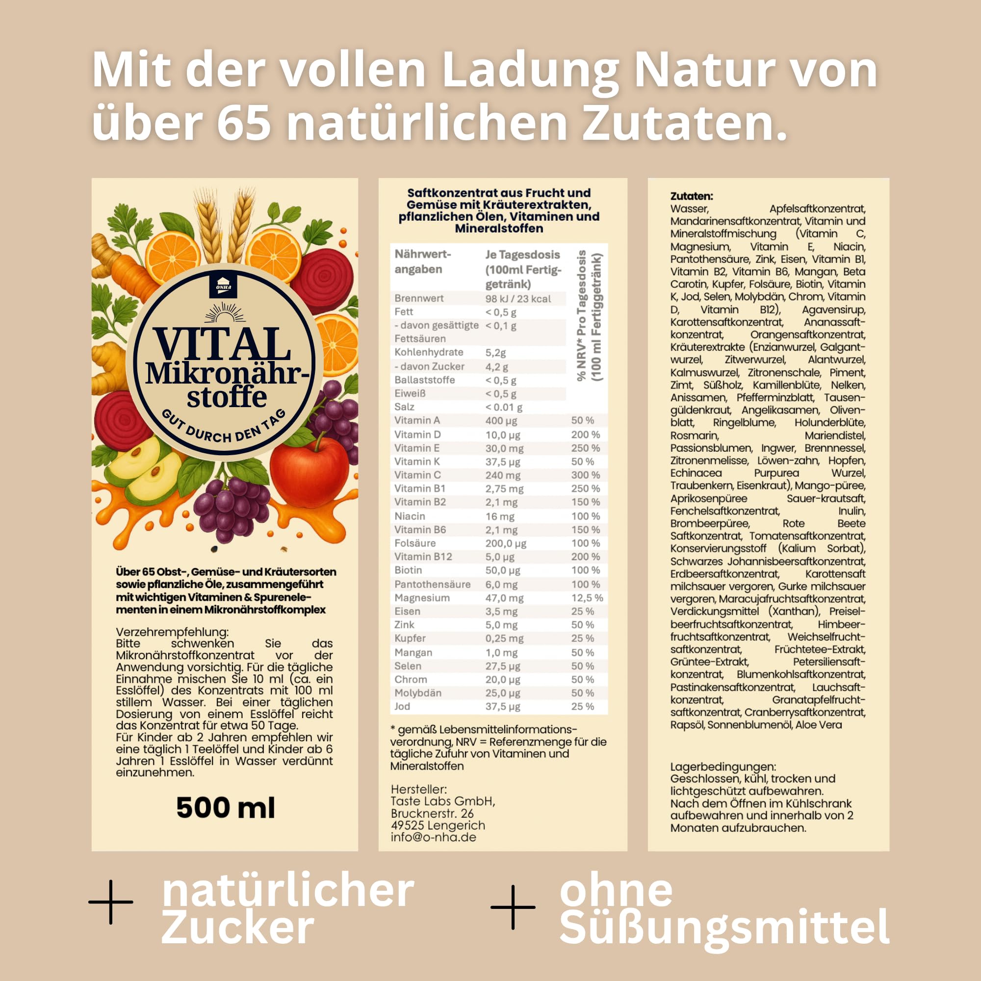 Vital Mikronährstoffkonzentrat für 50 Tage - Multivitamin Formel mit Vitaminen, Mineralstoffen und sekundären Pflanzenstoffen - Getränkekonzentrat mit über 65 Zutaten