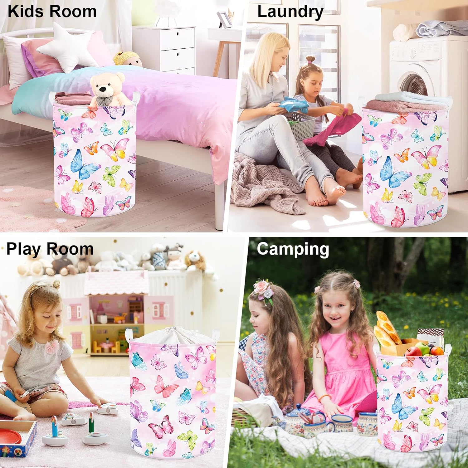 Clastyle 45L Pink Butterfly Kid Laundry Hamper for Girl Collapsible Clothes Toy Storage Basket with Lid for Bedroom Bathroom Nursery