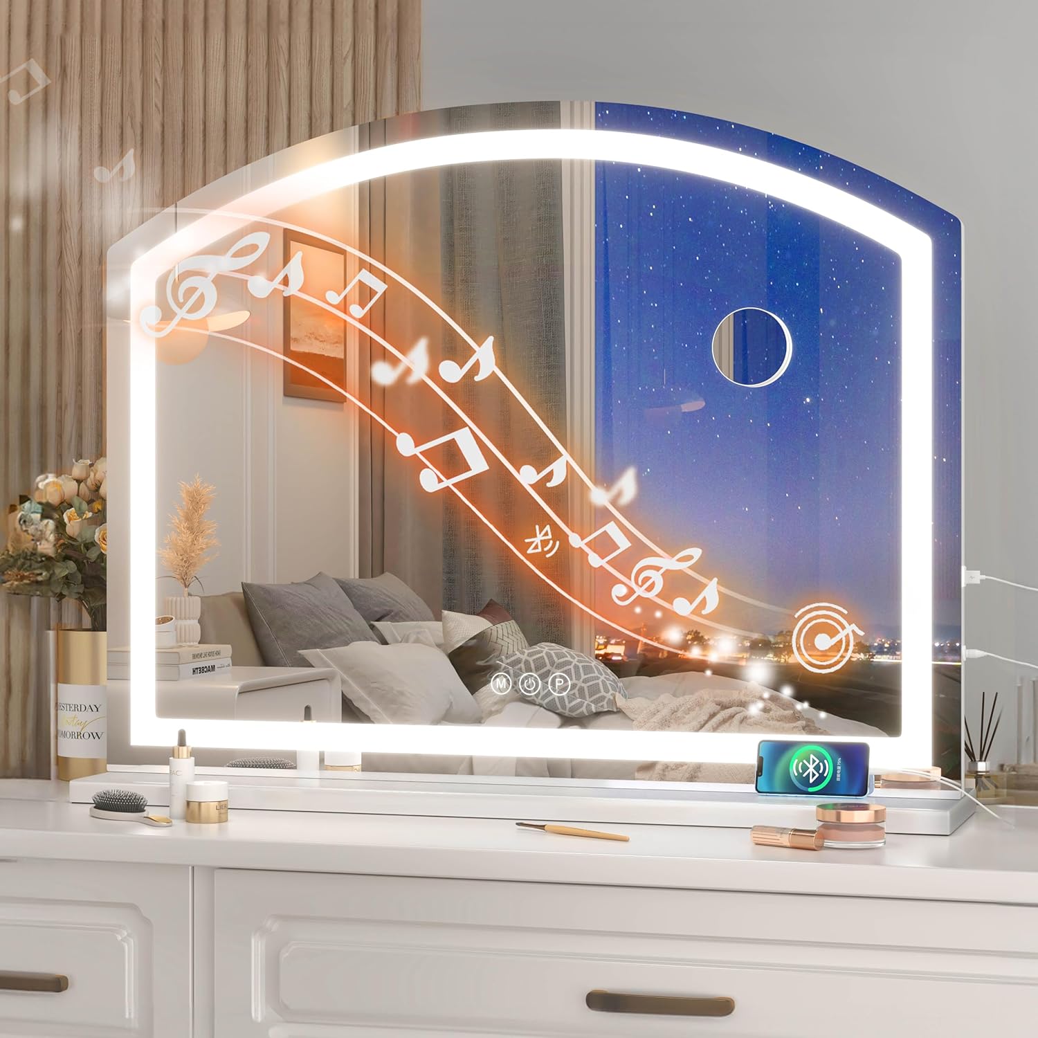 Hasipu Arch Vanity Mirror with Light, 32" x 24" Arched Led Makeup Mirror with 10X Magnification, Lighted Makeup Mirror with, USB Charging Port, Dimmable 3 Colors Mode
