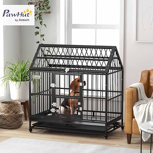 Miniatura 2 de PawHut Jaula para perros de 48 pulgadas, resistente jaula para perros grandes indestructibles de acero fuerte con 4 ruedas con cerradura, puertas