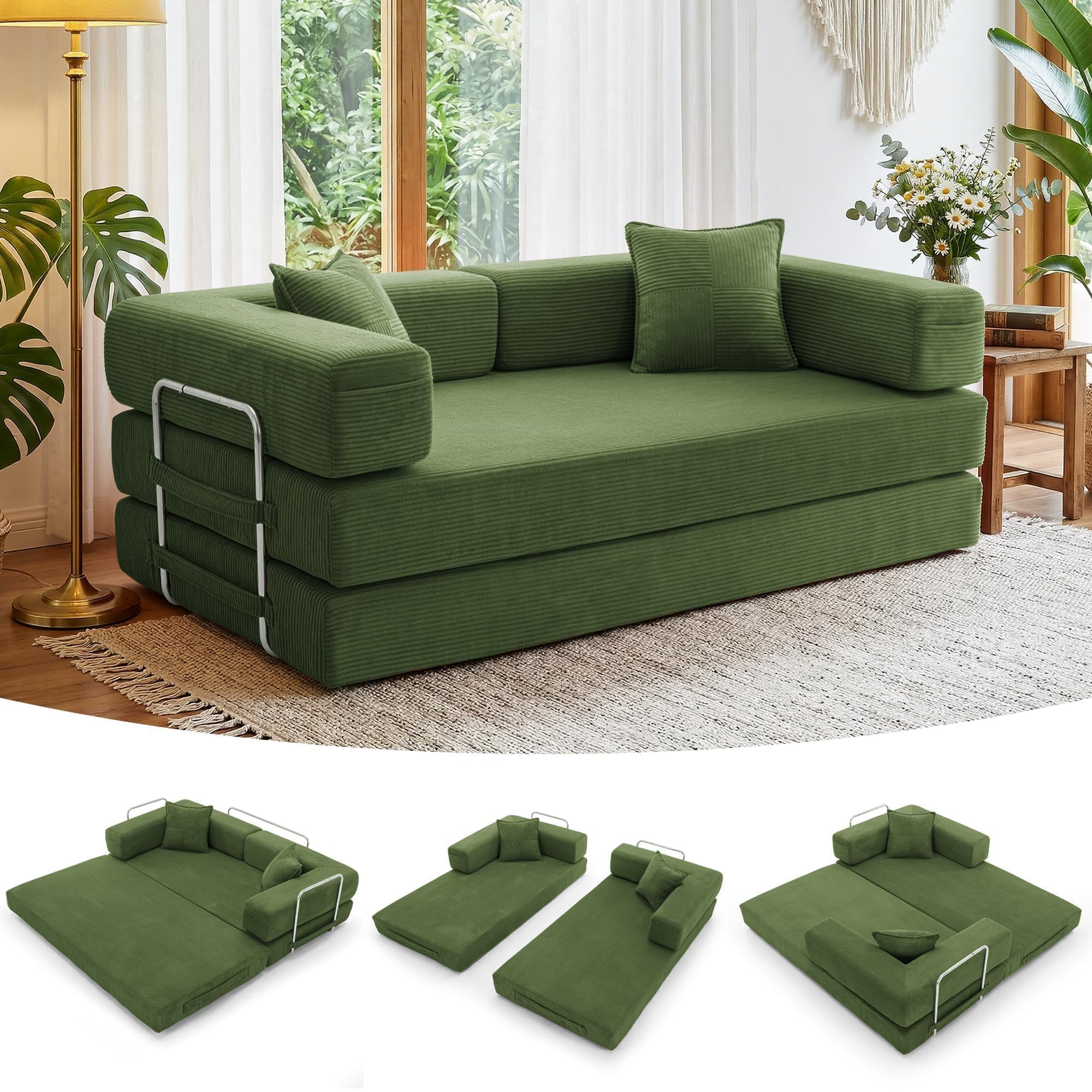 YINIX Divano Letto Pieghevole 200cm Super King, Divano Modulare Futon Boneless, Velluto a Coste con Telaio in Metallo, Materasso da Terra 3 Posti, Base Antiscivolo, Rivestimento Lavabile