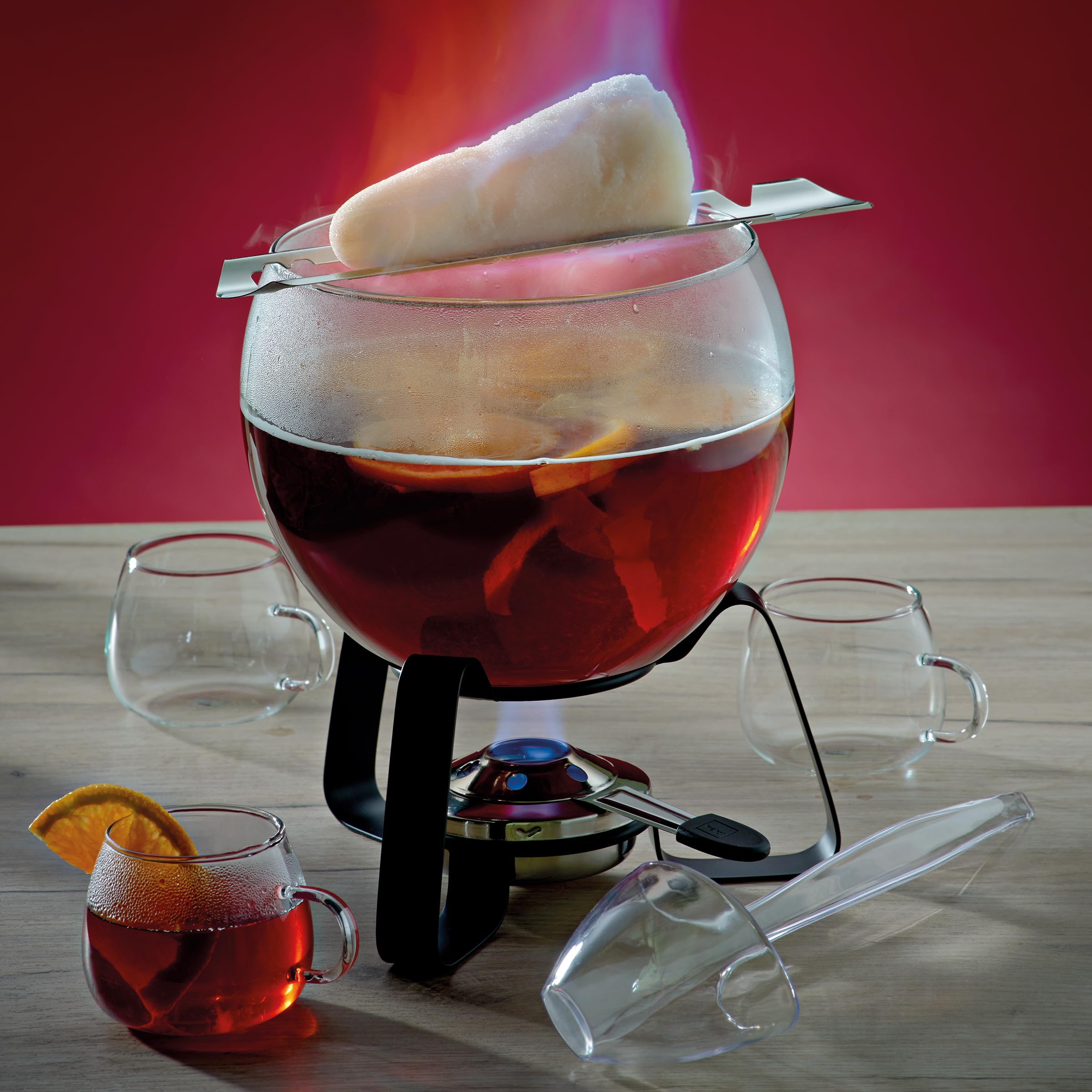 kela Set per punch al fuoco11 pezzi JUNTOS, set per punch con ciotola in vetro da 3,5 l, 6 bicchieri, pinza per lo zucchero, mestolo, adatto anche per punch estivo e vin brulé