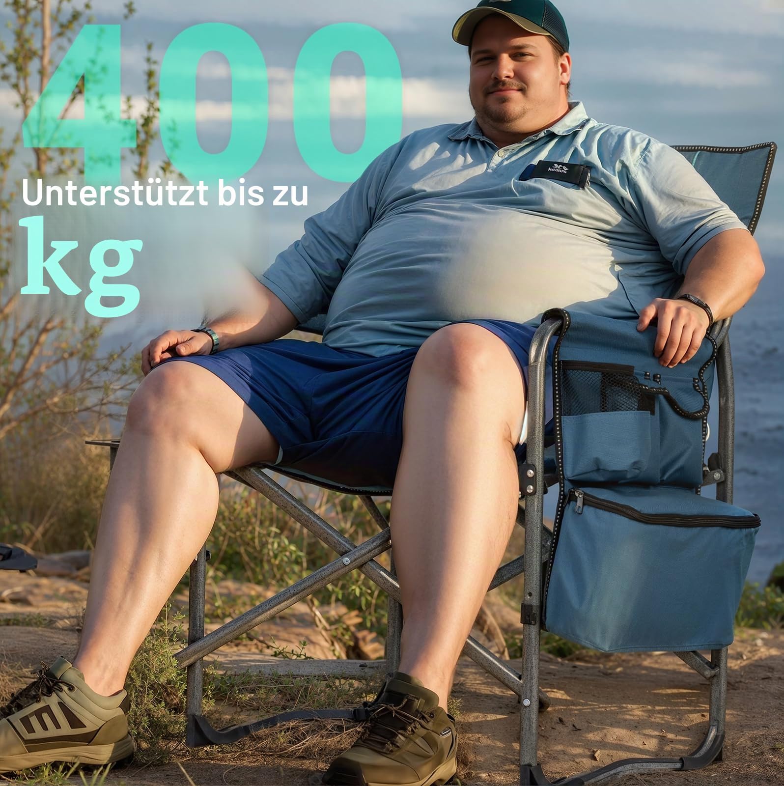 OVERMONT Campingstuhl Faltbar Regiestuhl Klappbar - bis 180 KG Belastbar - 2PCS Klappstuhl mit Seitentisch Kühltasche für Camping Angeln Festival Blaugrau