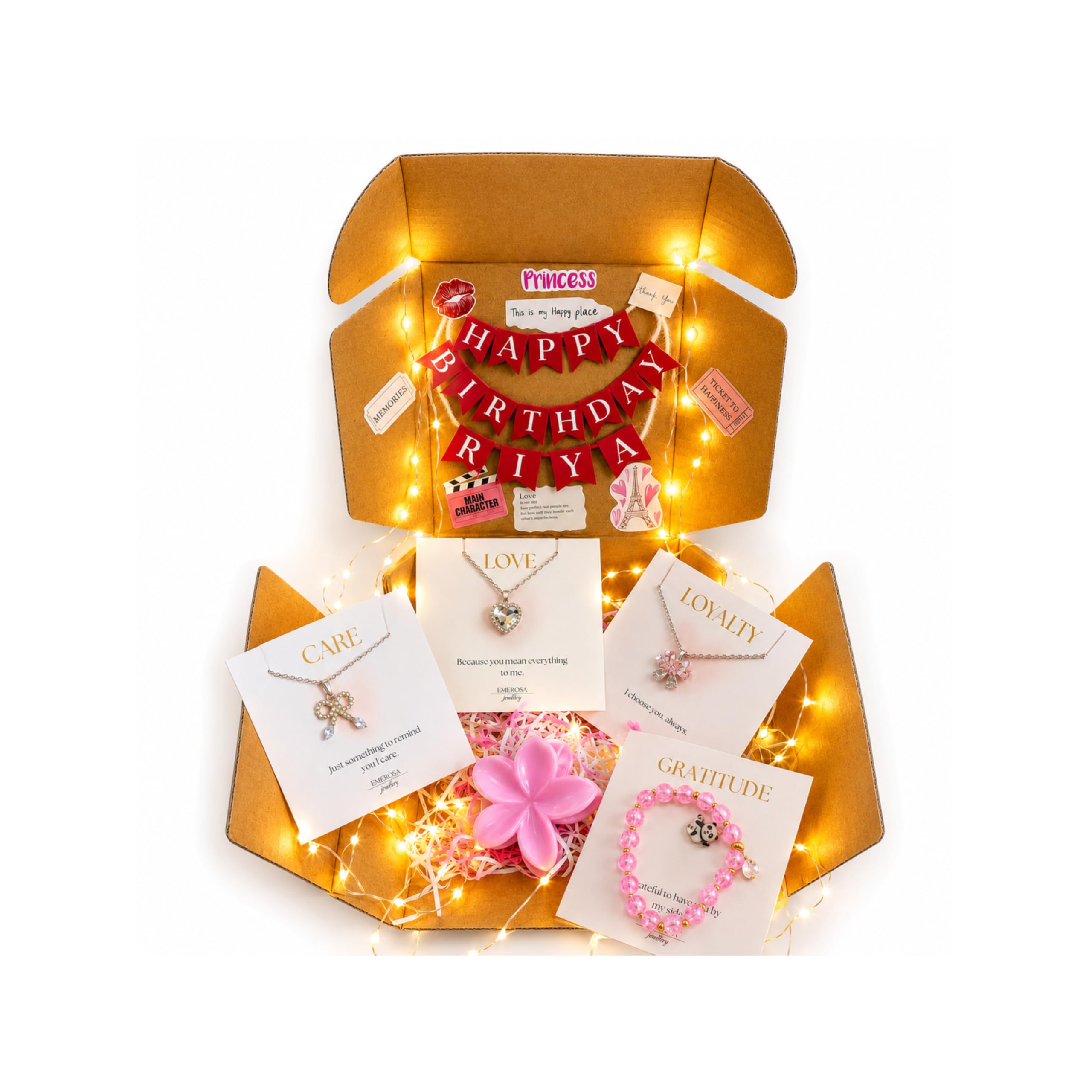 Personalized Jewellery Gift Hamper for Women | Custom Name Happy Birthday Banner | 5 Pcs Set with 3 Necklaces, Charm Bracelet & Flower Hair Clutcher | Gift Box for Wife, Sister, Girlfriend-image-22