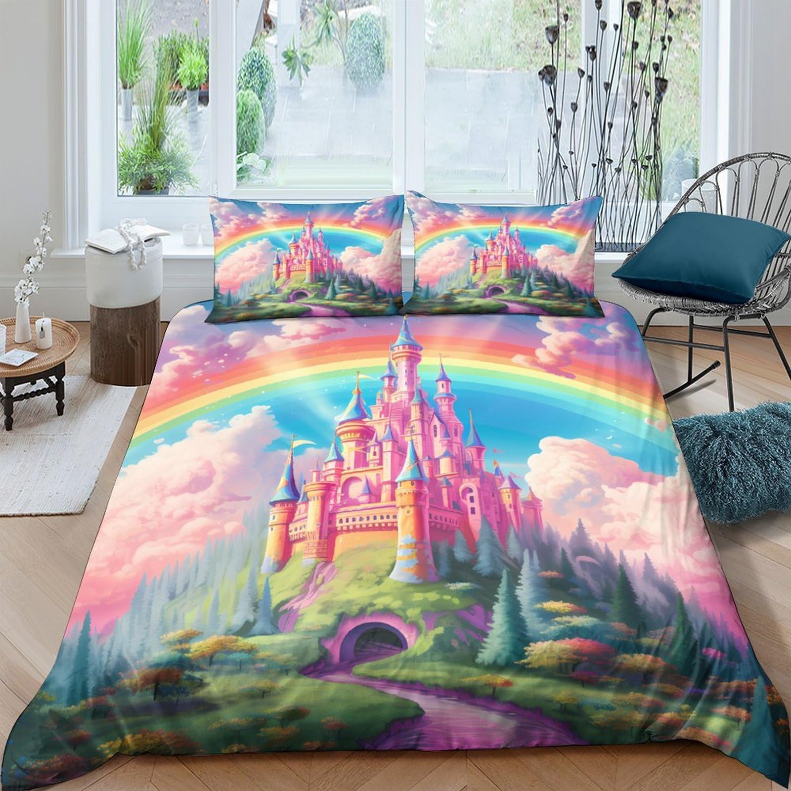 Ctjqhvkz Style-10 3D Printed Rainbow Castle Fitted Sheet Microfiber Soft Colorful Fantasy Bed Cover For Bedroom Dorm Mattress Decor Single（135X200cm）