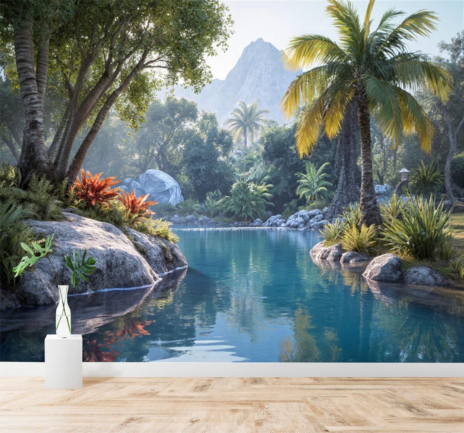 XLMING Tropical Palm Trees Lakes Mountains Lush Forests 3D Wallpaper Premium Textured Silk Study Dining Living Room Bedroom Sofa TV Wall Easy Install-400cm×280cm