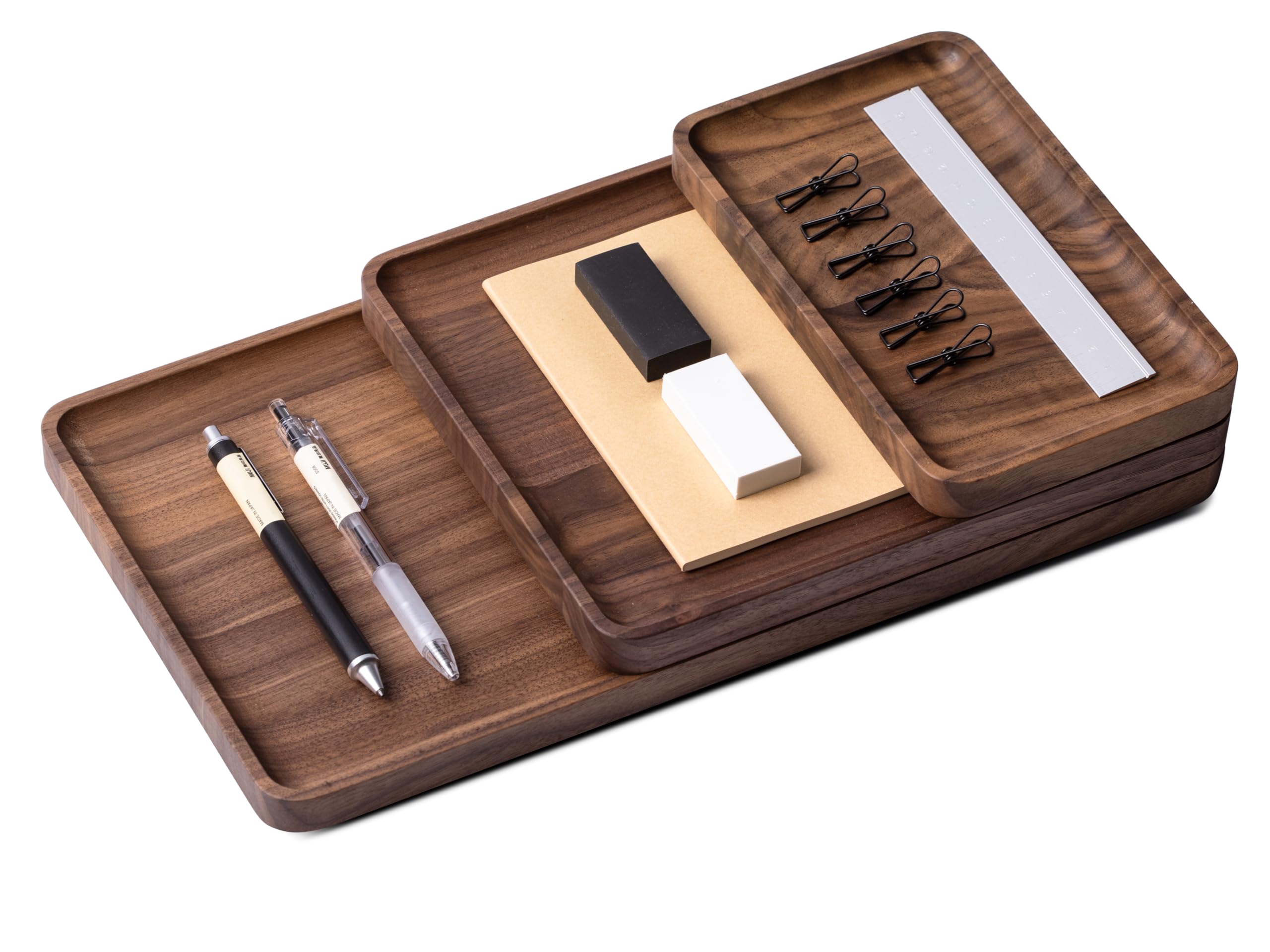 Oakywood Walnut Catchall Tray Bundle – Solid Wood Desk Organizer Set – Document, Phone & Tablet Tray – Office, Home, Or School Use – Set Of 3 –