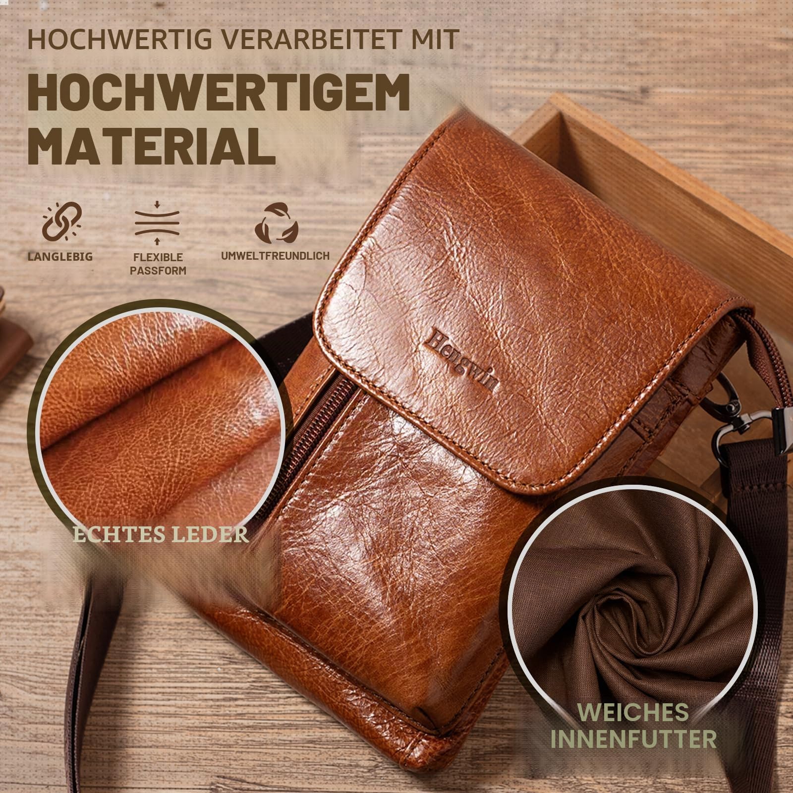 Kleine Umhängetasche aus echtem Leder für Herren und Damen, Handy-Gürteltasche für iPhone/Samsung, Reisepass, Geldbörse, Schulterholster, Braun, Large