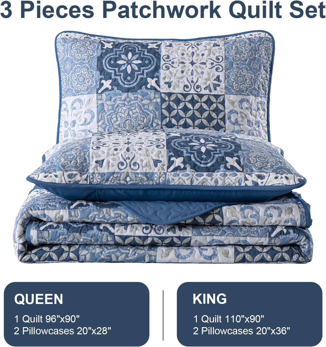 Dobuyly Blue Quilt Set Queen Size, Boho Mineral Blue Plaid Patchwork Bedspreads Coverlet Set, 3 Pieces Soft Lightweight Microfiber Quilt Bedding Set for All Seasons 96"x90" - Image 7