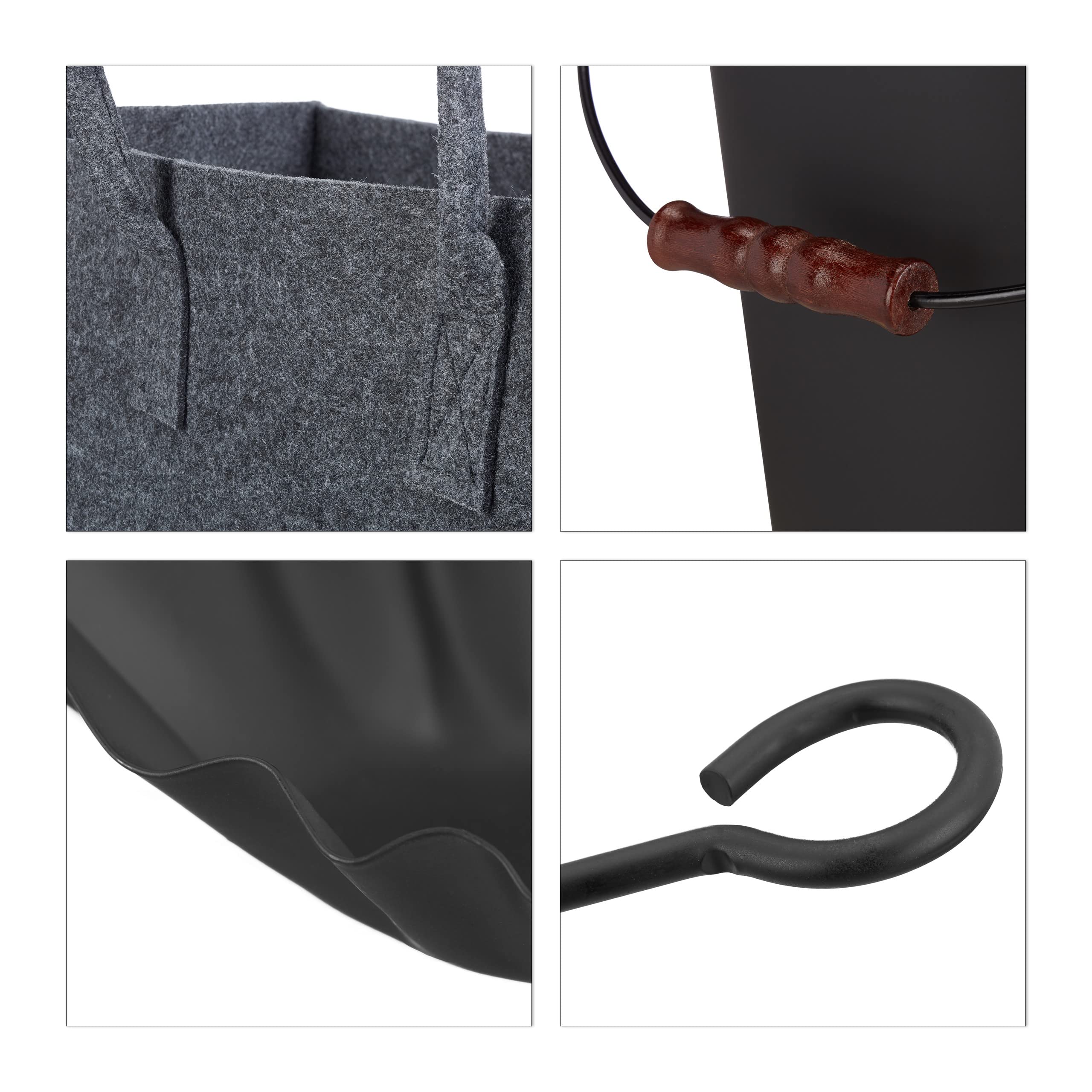 Relaxdays 8 TLG. Kamin-Komplettset, Ascheeimer, Kohlenschaufel, Kaminholztasche, Kaminbesteck, Stahl, Filz, schwarz/anthrazit