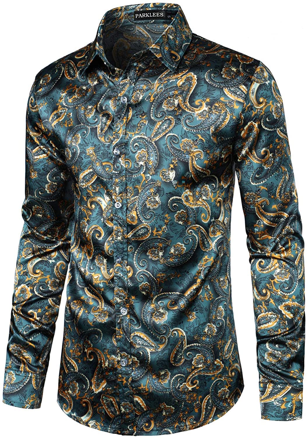PARKLEES Lässiges, luxuriöses Herrenhemd, bedruckt, seidenähnlich, Satin, Knopfleiste, für Party, Hochzeit
