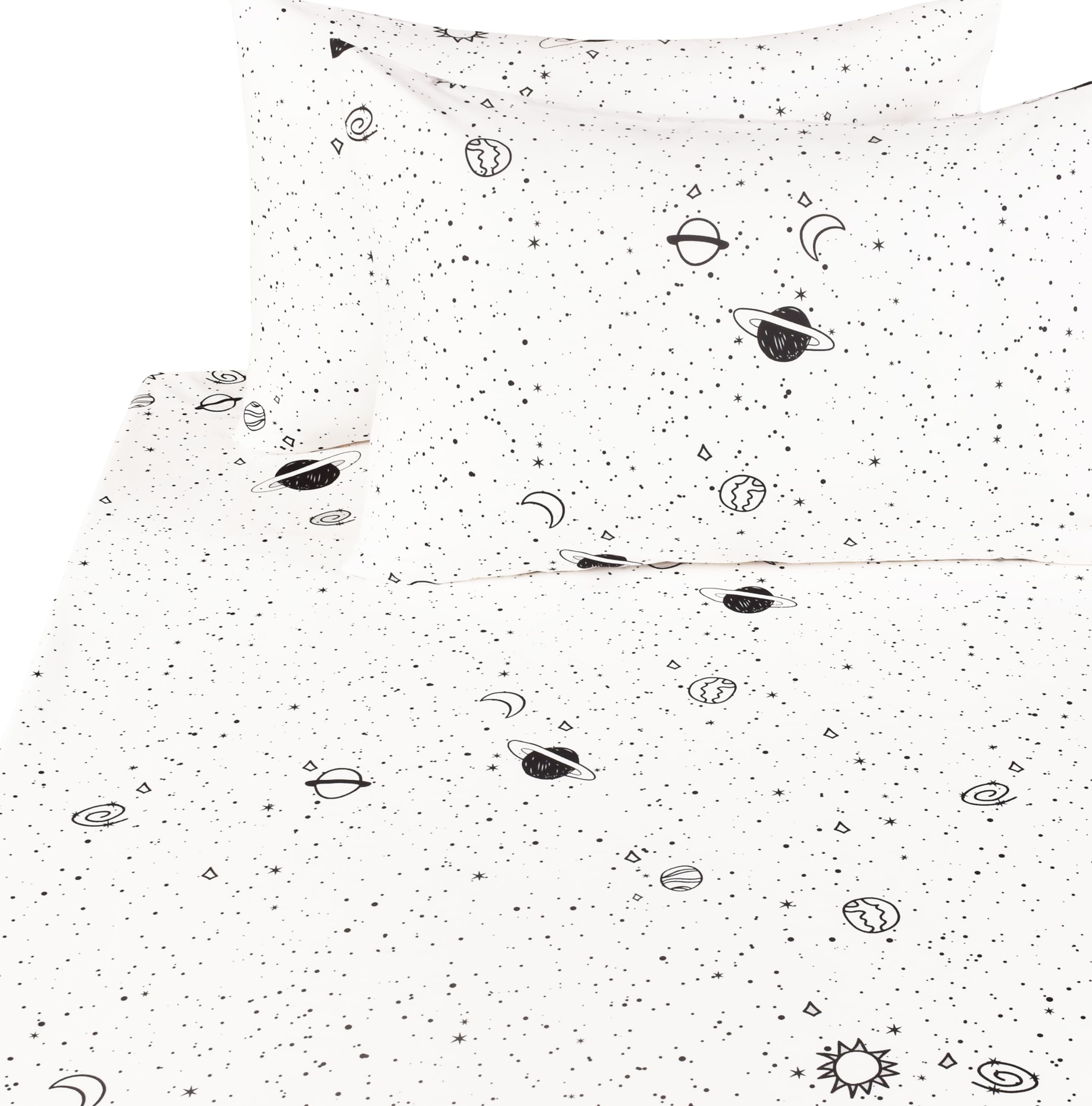 Scientific Sleep - Juego de sábanas, 4 piezas, 100 % algodón, niños y adolescentes, sábana encimera, sábana bajera y funda de almohada, para niños (galaxia, sistema solar, queen)