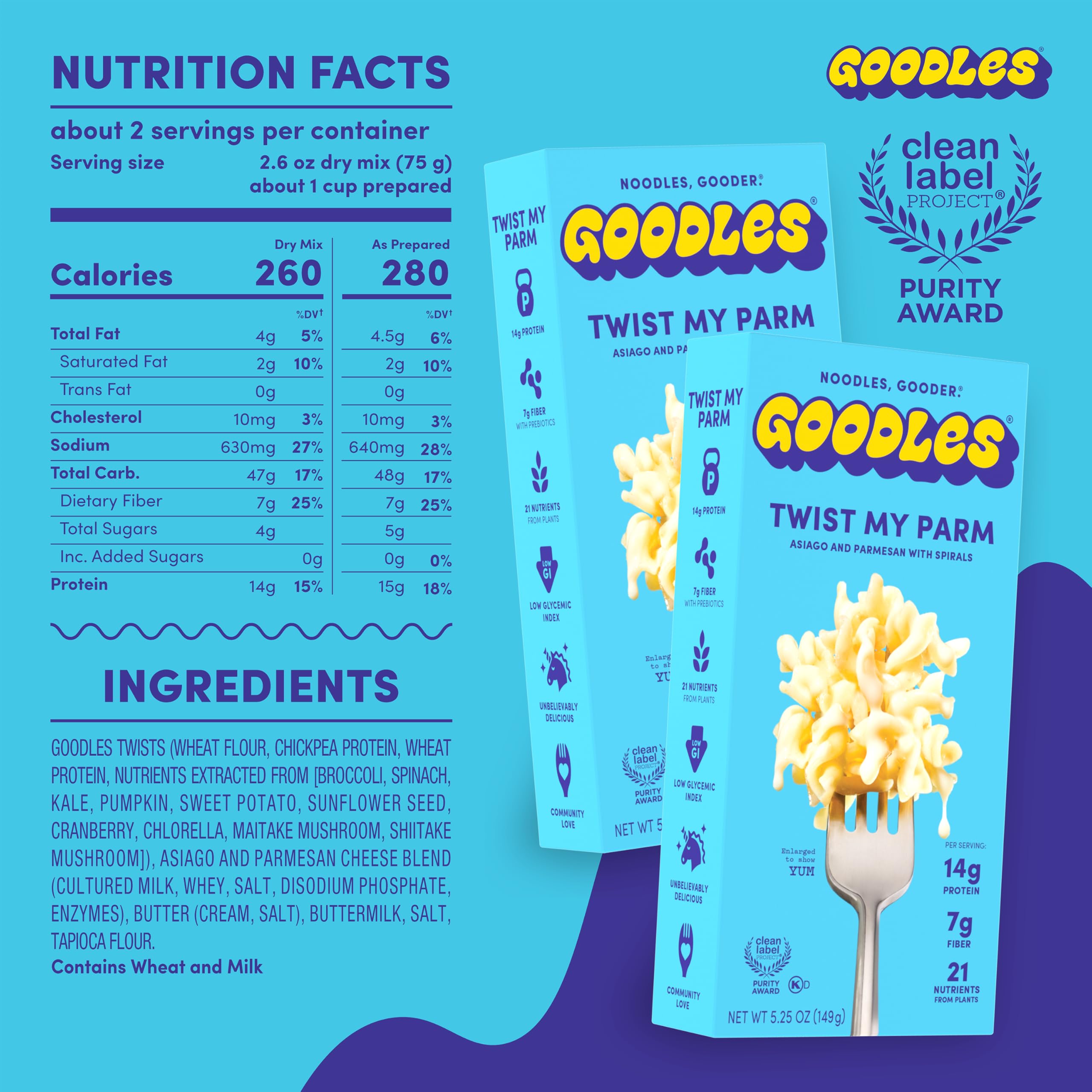 Goodles Twist My Parm Asiago and Parmesan with Spirals - Nutrient Packed with Real Cheese, Fiber, Protein, Prebiotics, Plants, & Vegetables | Non-GMO, Organic Ingredients