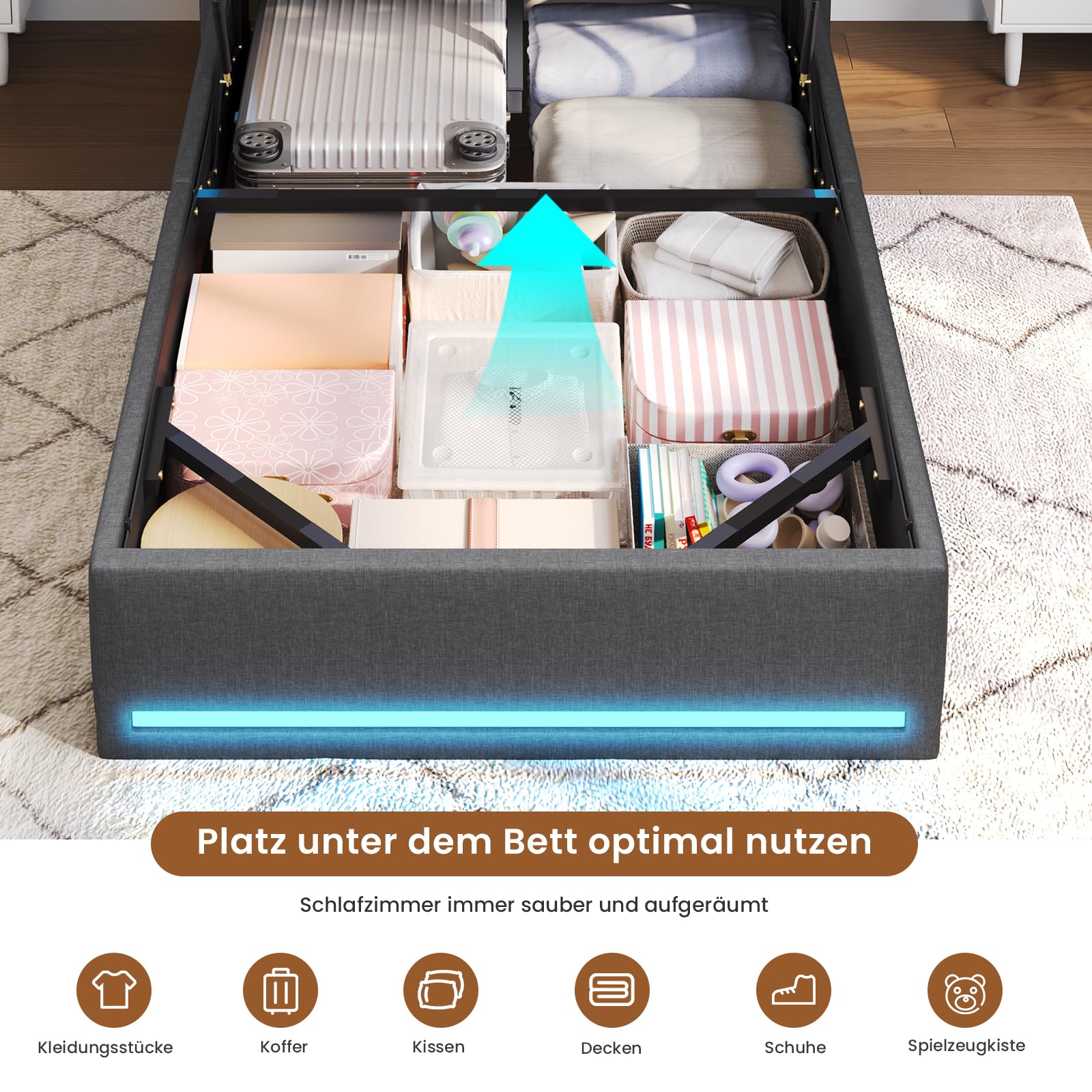 AOGLLATI Polsterbett 90x200 mit Hydraulisch Stauraum,3 schubladen und LED | Jugendbett 90x200 mit Ladestation, Stauraum Kopfteil, Lattenrost aus Holz, Einzelbett belastbar bis 250 kg, Leinen Dunkelgrau