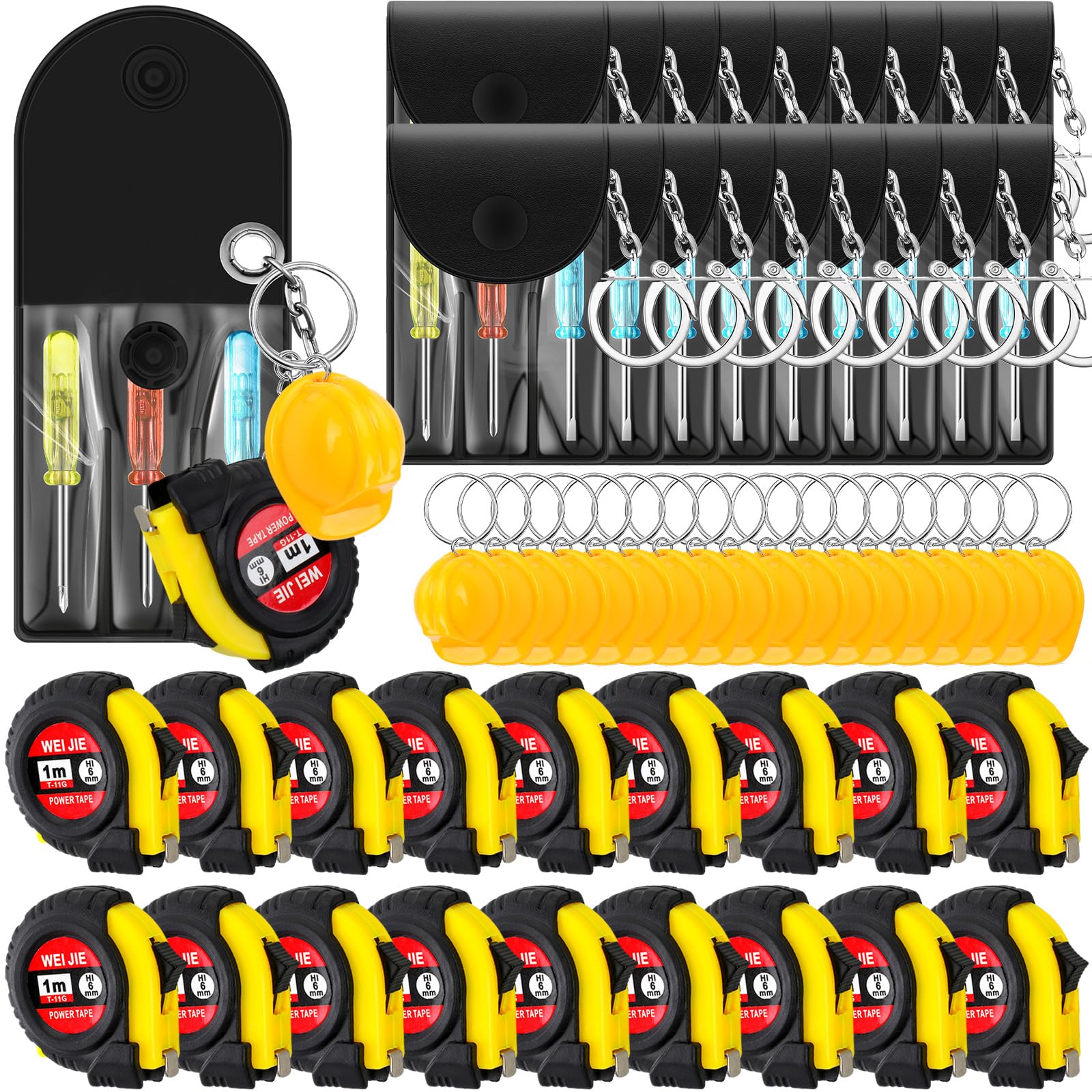 Jutom 54 Pcs Mini Construction Helmet Keychains Tape Measure Screwdriver Bulk Valentine's Day Gifts for Men Adult Tool Party Gifts