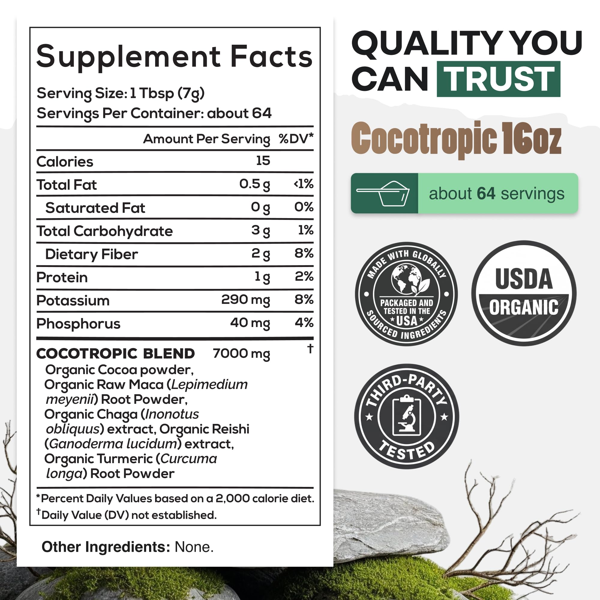 Organic Cocotropic Mushroom Hot Cocoa - Mushroom Coffee Alternative | Sugar Free Hot Chocolate | Organic Cocoa Powder, Reishi Mushrooms, Chaga, Maca Root, Turmeric | Delicious Sustained Focus, Energy & Mood Without Jitters | 16oz — Amazon image 2