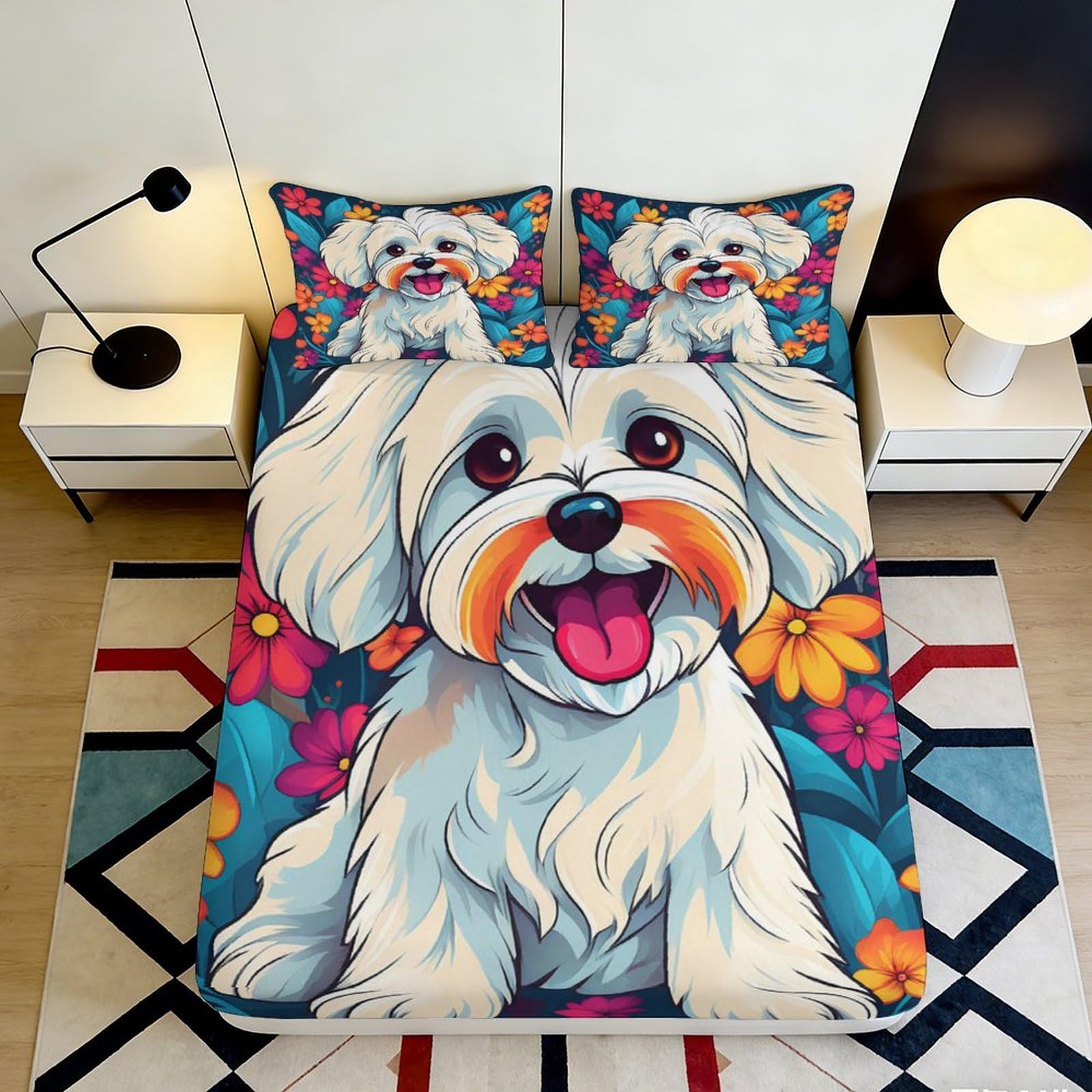 Uynsixtme Style-4 3D Printed Cartoon Dog Fitted Sheet For Adults Microfiber Deep Pocket Bedroom Bedding Cartoon Dog Mattress Fitted Cover Non-Slip Washable 140X200x25cm