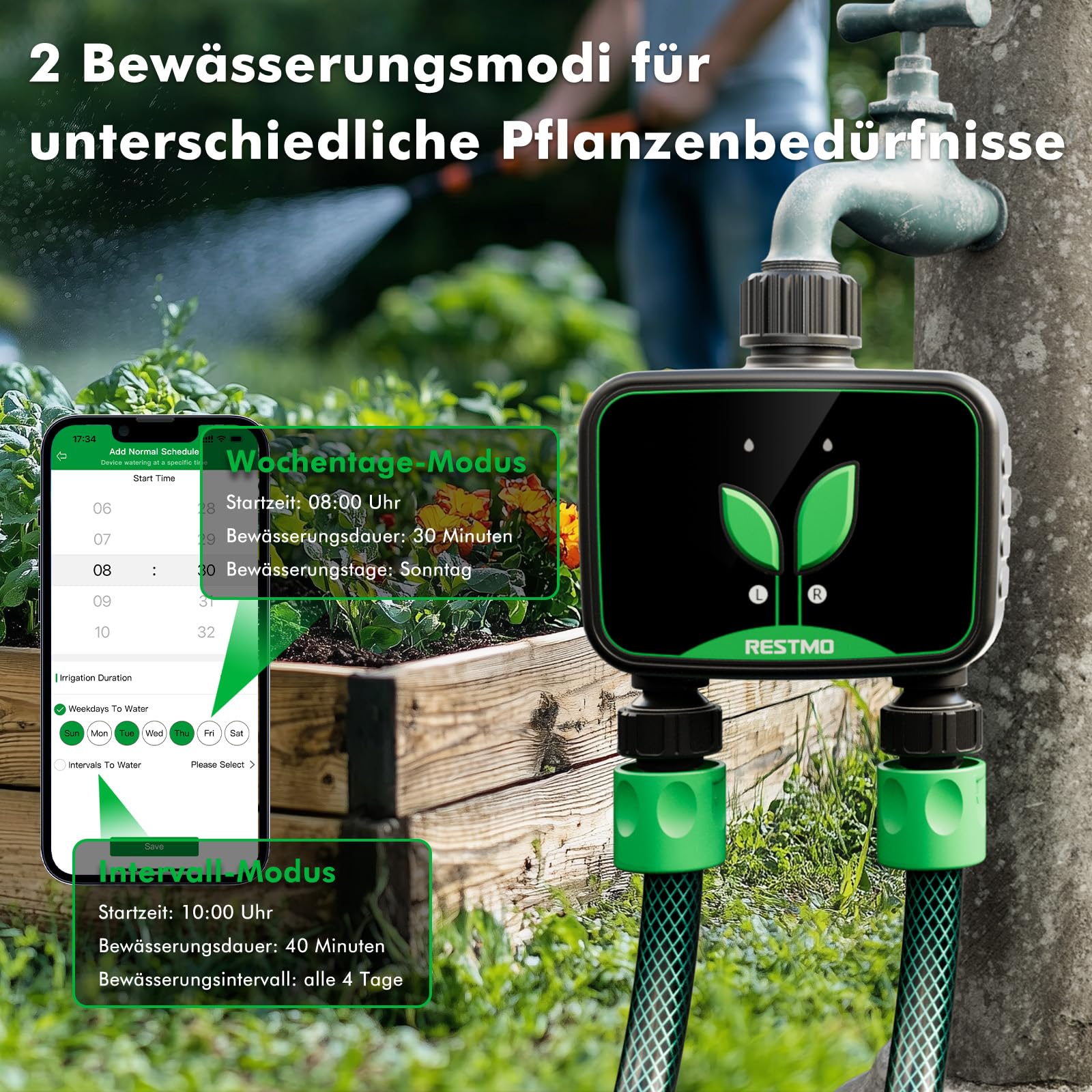 Ordenador de riego WiFi, Temporizador de Agua programable para riego de jardín, 3 Modos de riego, Apto para grifos Exteriores y Sistemas de riego de césped, 2 Zonas | 3 modos de riego, grifo exterior y césped, control de aplicación, 2 zonas