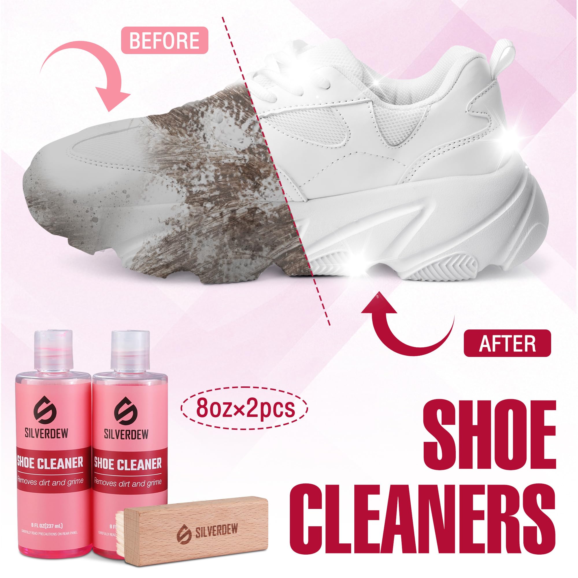 Kit de limpieza de zapatos de 4 piezas, limpiador de zapatos de 8 onzas, 2 botellas, limpiador de tenis, cepillos de nailon y toalla de microfibra para tenis, cuero, nobuck, gamuza, malla y