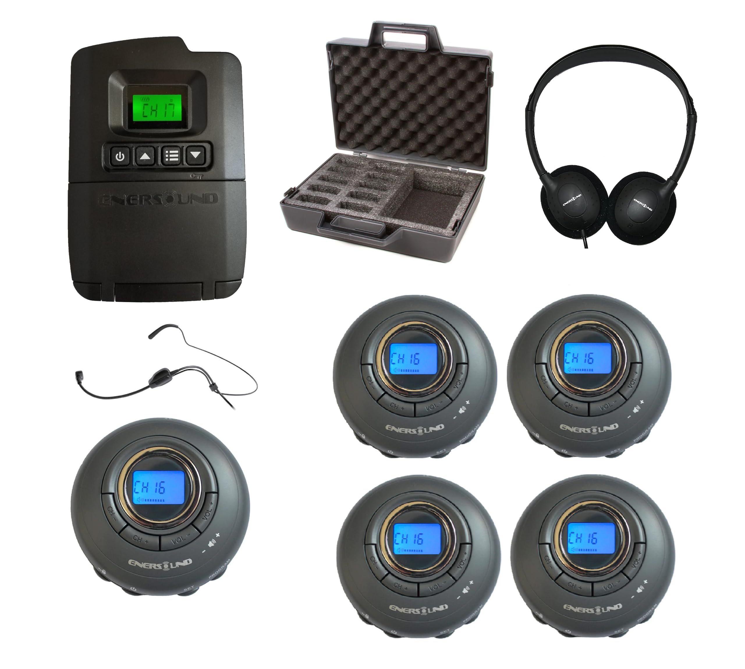 Enersound 5-Person Portable Interpretation Tour Guide System - US-Based 3-Year Warranty & Support - Includes Premium Over the Head Headphones & Carrying Case - Ideal for Church School (For 5 People)