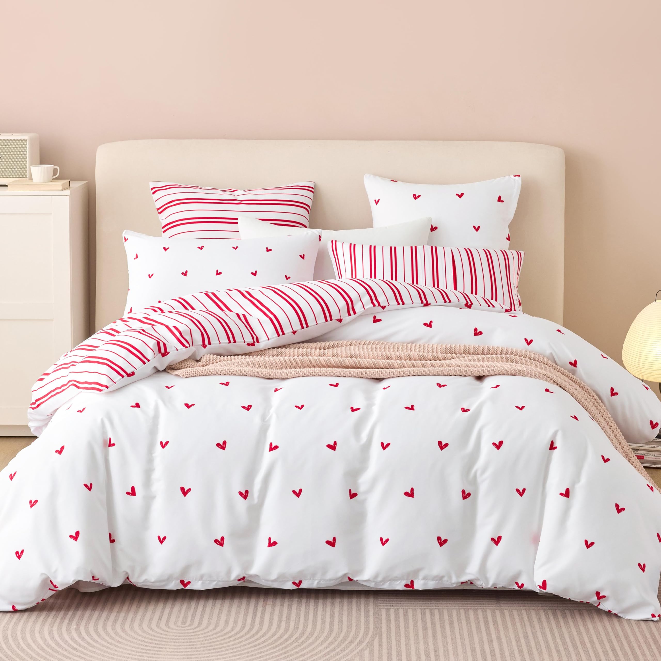 Lanqinglv Bettwäsche 135x200 4teilig Mädchen Weiß Rot Herzen Kinder Bettwäsche aus Microfaser,Herzchen ÖKO-TEX Bettwäsche Set - Weiche Bettbezug mit Reißverschluss und 2 Kissenbezug 80x80 cm
