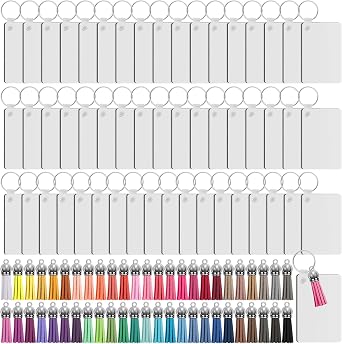 Duufin 200 Pieces Sublimation Keychain Blank Set Rectangle Heat Transfer Blank Keychain Tassel with Key Ring MDF Blank Board Sublimation Blank Set Keychain for DIY and Craft Double Sided Printing