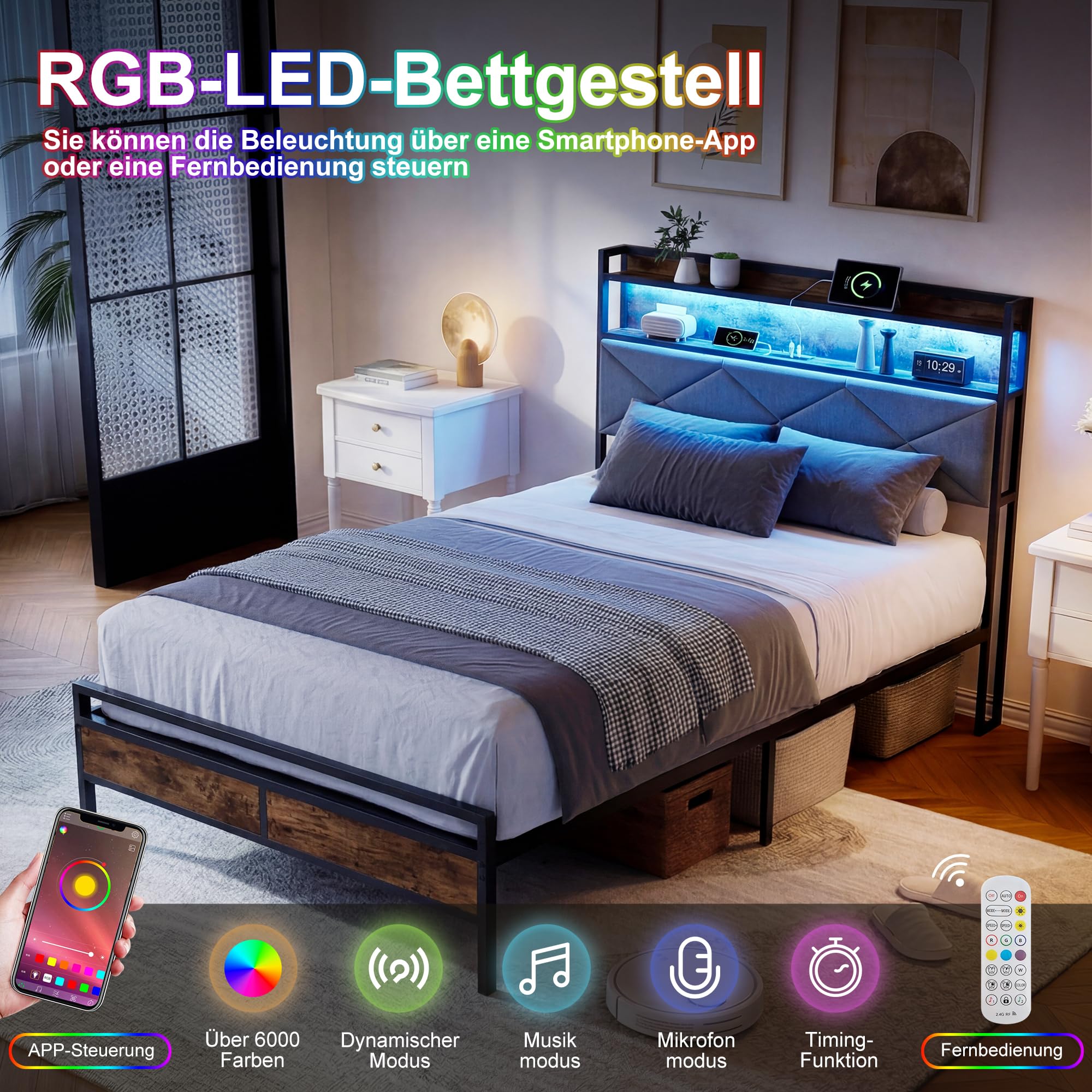 Bett 90x200 mit Metal Lattenrost, Metallbett mit Gepolstertem Kopfteil & Stauraum, Jugendbett,Polsterbett mit Leinenbezug, Doppelbett,ohne Matratze(Dunkelbraun F, 90x200 cm)