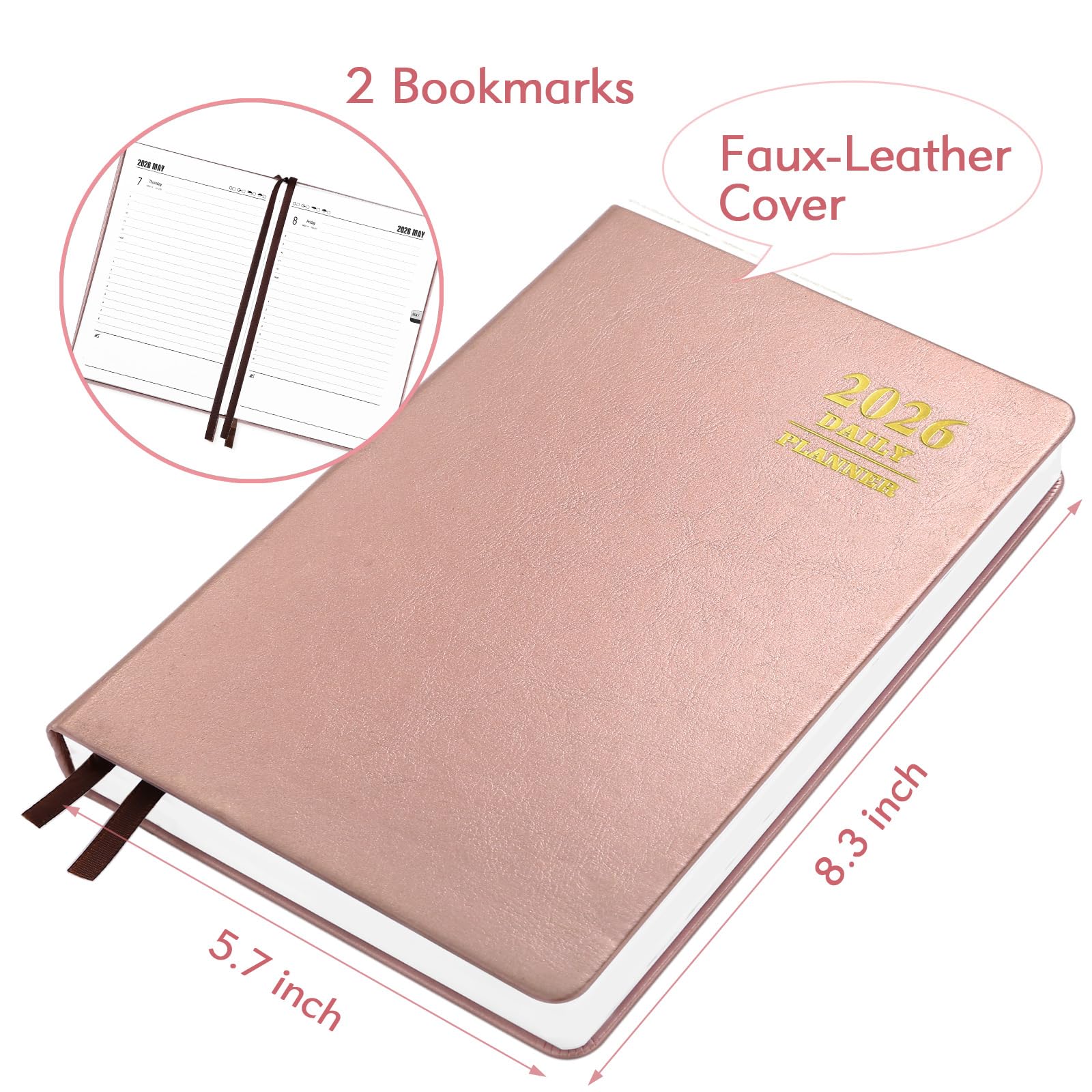 KESOTE 2025 Daily Hourly Planner - One Page a Day, 2025 Diary 5.7 x 8.3" Hardcover Weekly Monthly Agenda 12 Month, A5 Diary Notebook Planner Christmas Gift, Rose Gold