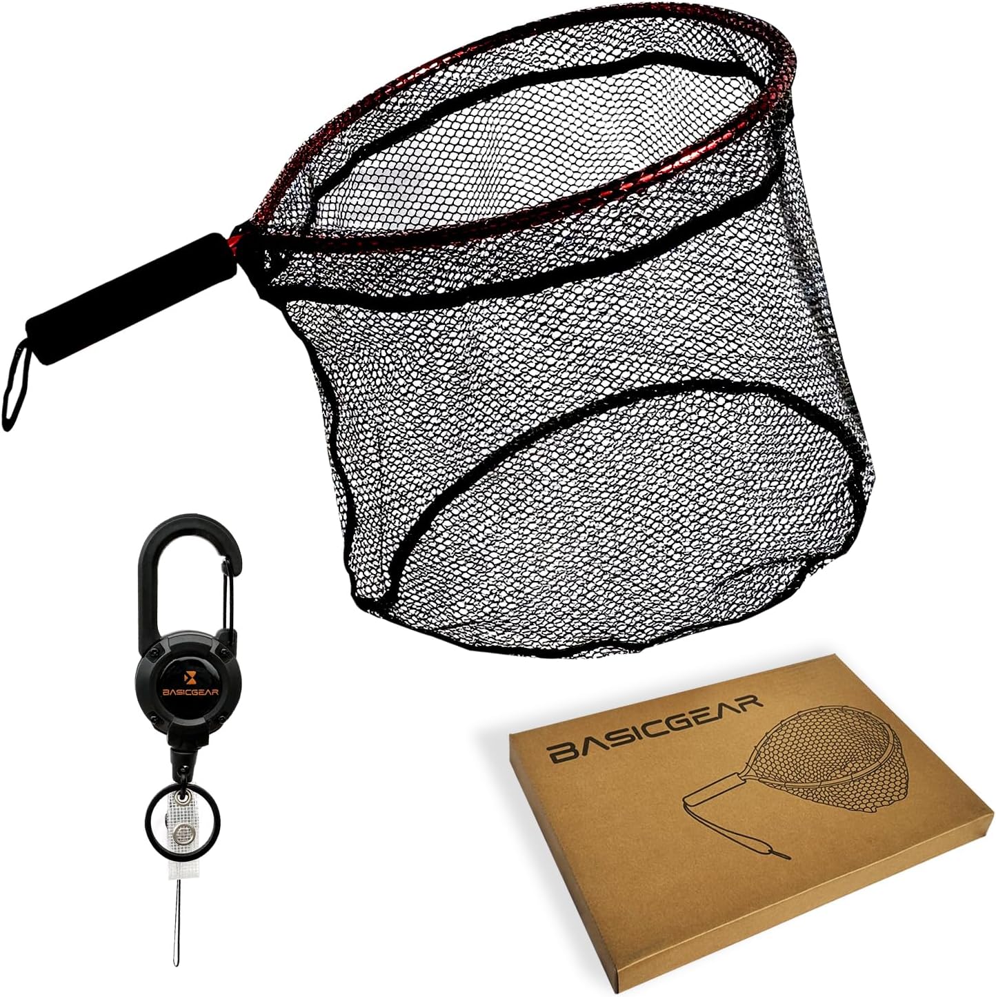 BasicGear Ultra-Light Aluminum Landing Net – Soft Mesh, Lightweight Frame, EVA Floating Non-Slip Grip, Anti-Loss Rope & Carabiner Clip, for Flying Fishing and Kayak Fishing