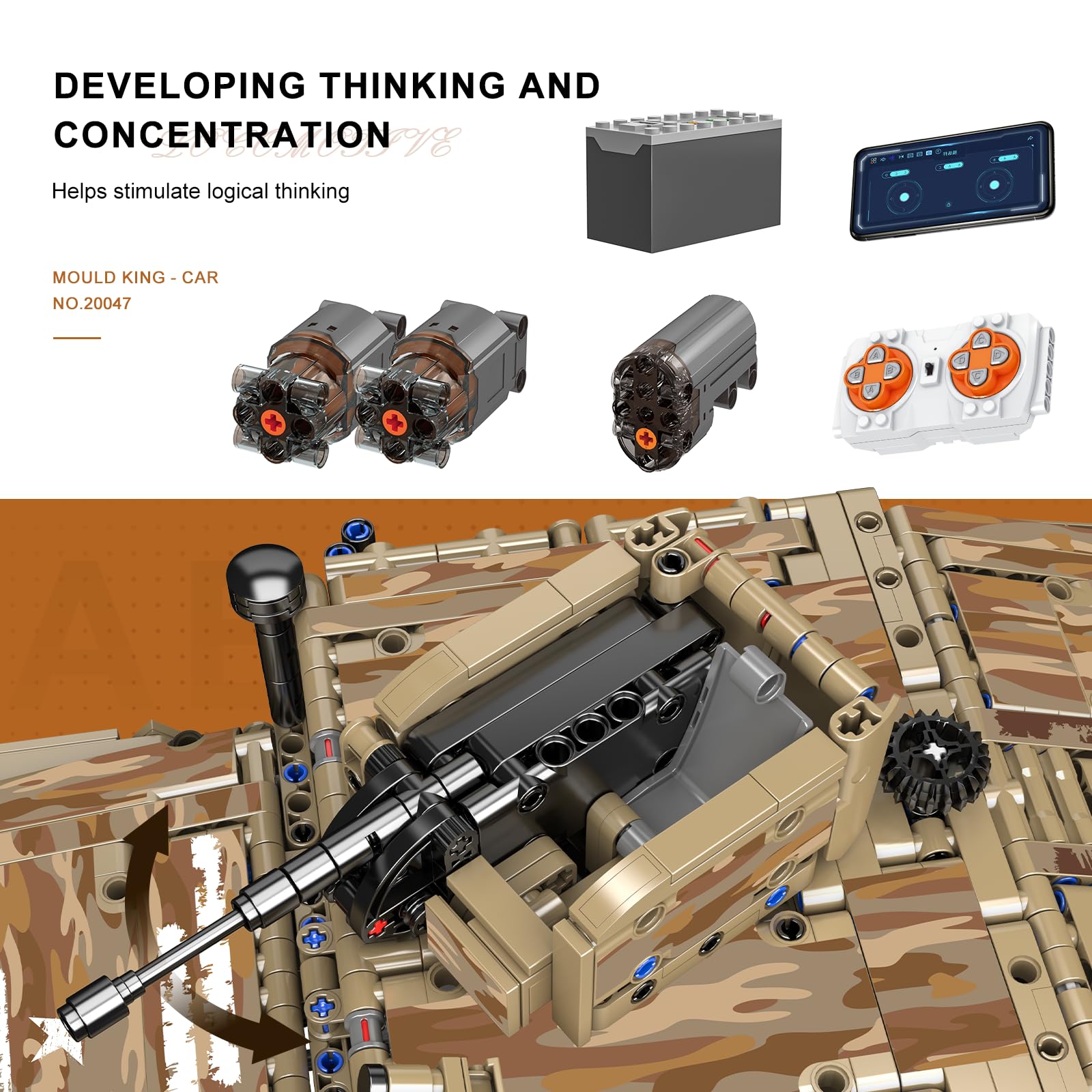 Mould King 20047 Technik Militär-Geländekettenfahrzeug Bausätze, STEM-Panzer-Bausatz, Armee-Spielzeug-Baukasten für Erwachsene, Jungen und ab 14 Jahren (2094 Teile)
