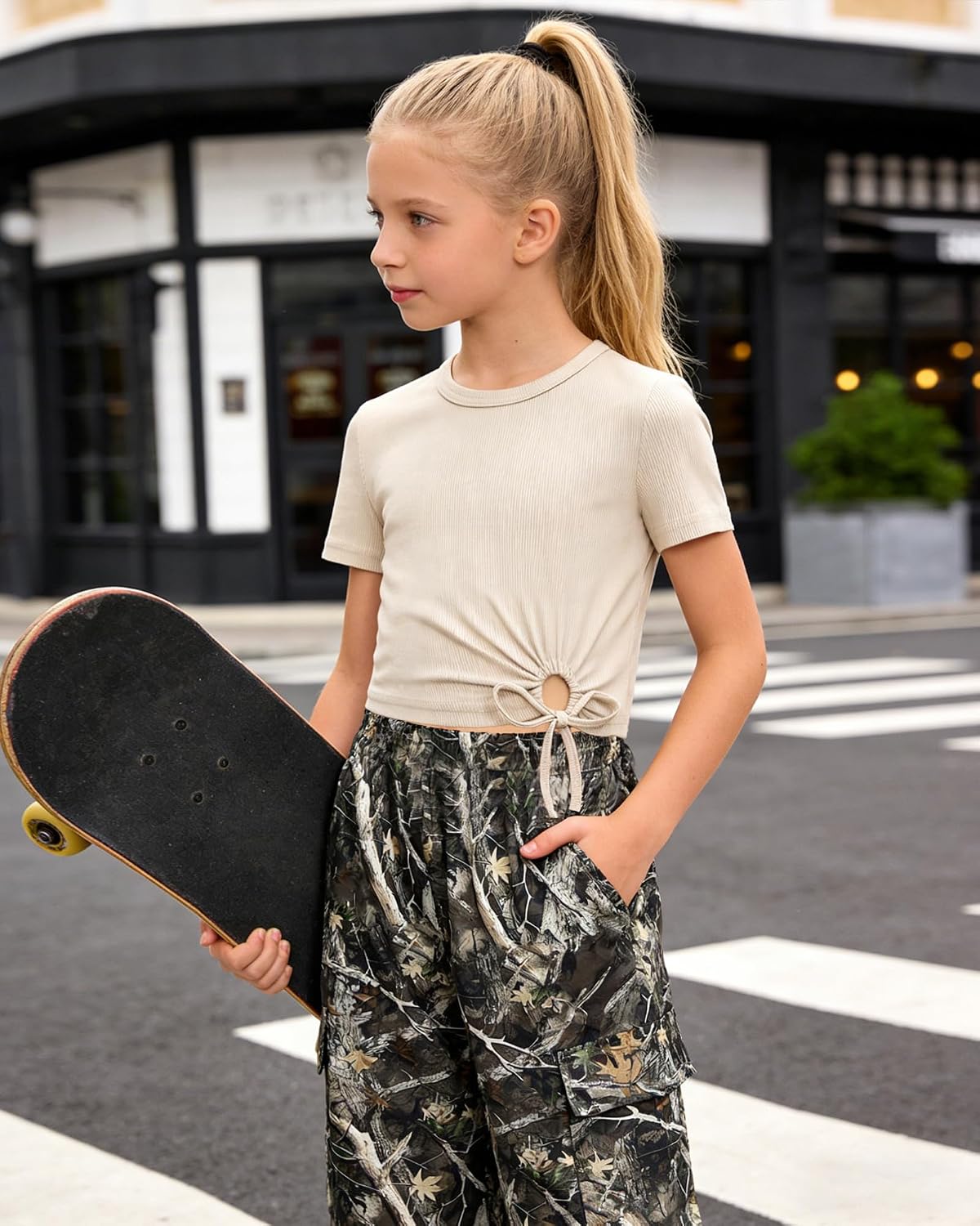 WESIDOM Girls Clothes 2 Piece Outfits Ribbed Short Sleeve Top Cargo Pants Tween Girls Summer Clothing Set 6-14Y image 4